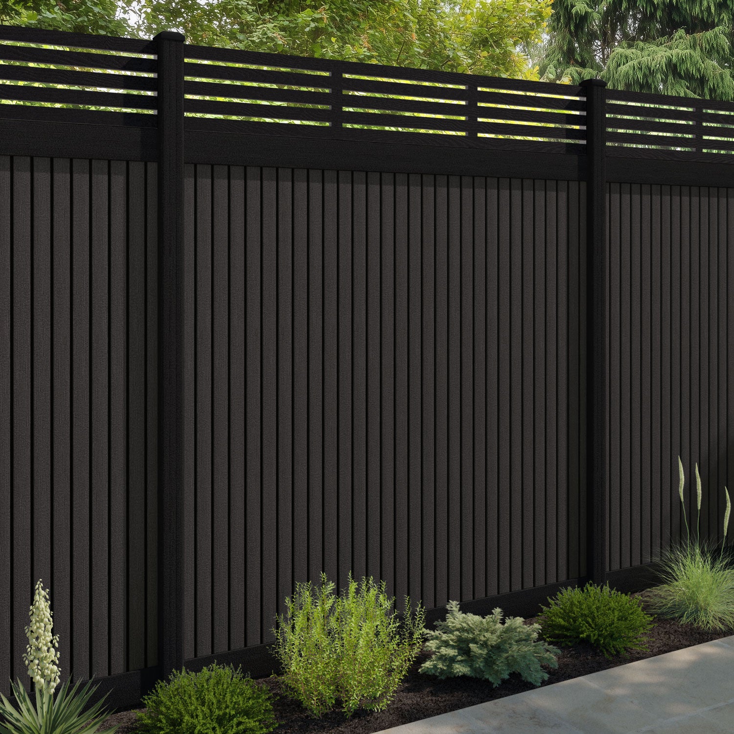 Virtis Aspen Fence Panel - Dark Oak - with our aluminium posts