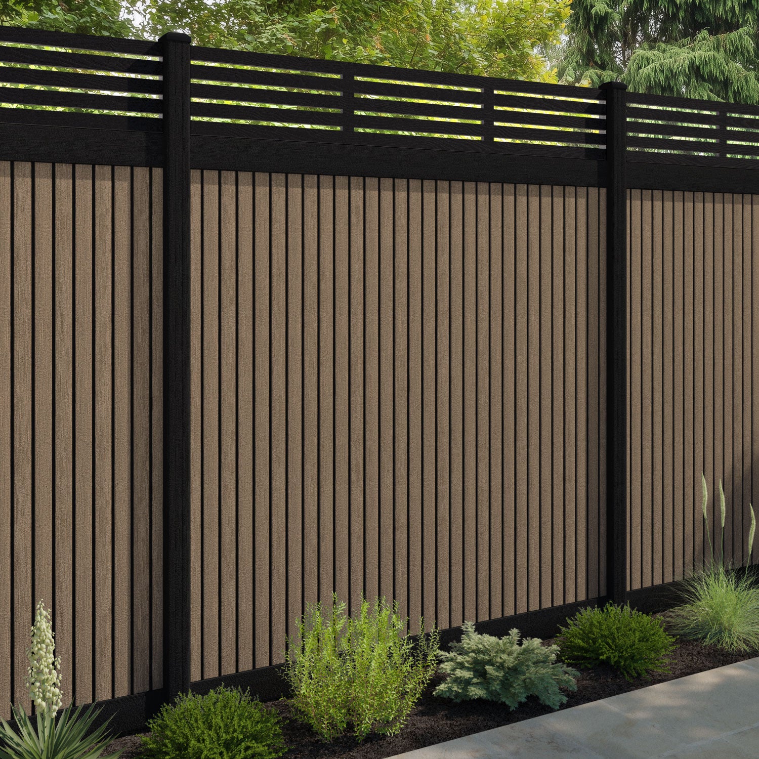 Virtis Aspen Fence Panel - Teak - with our aluminium posts