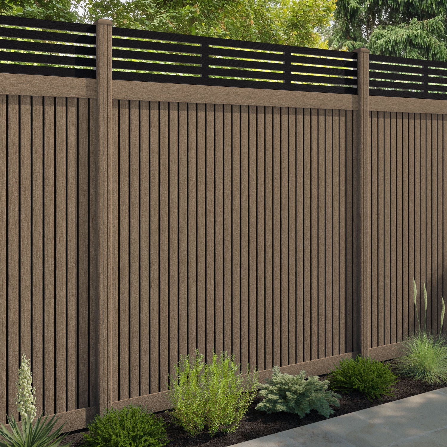 Virtis Aspen Fence Panel - Teak - with our composite posts