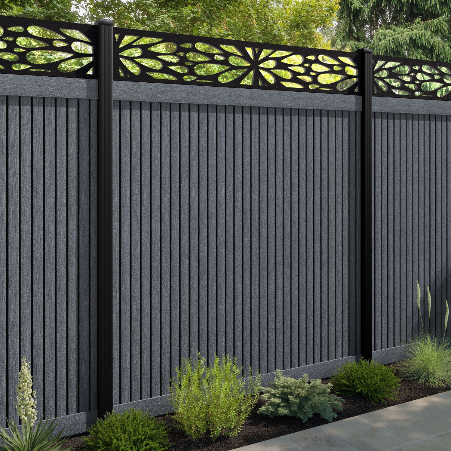 Virtis Blossom Fence Panel - Anthracite - with our aluminium posts