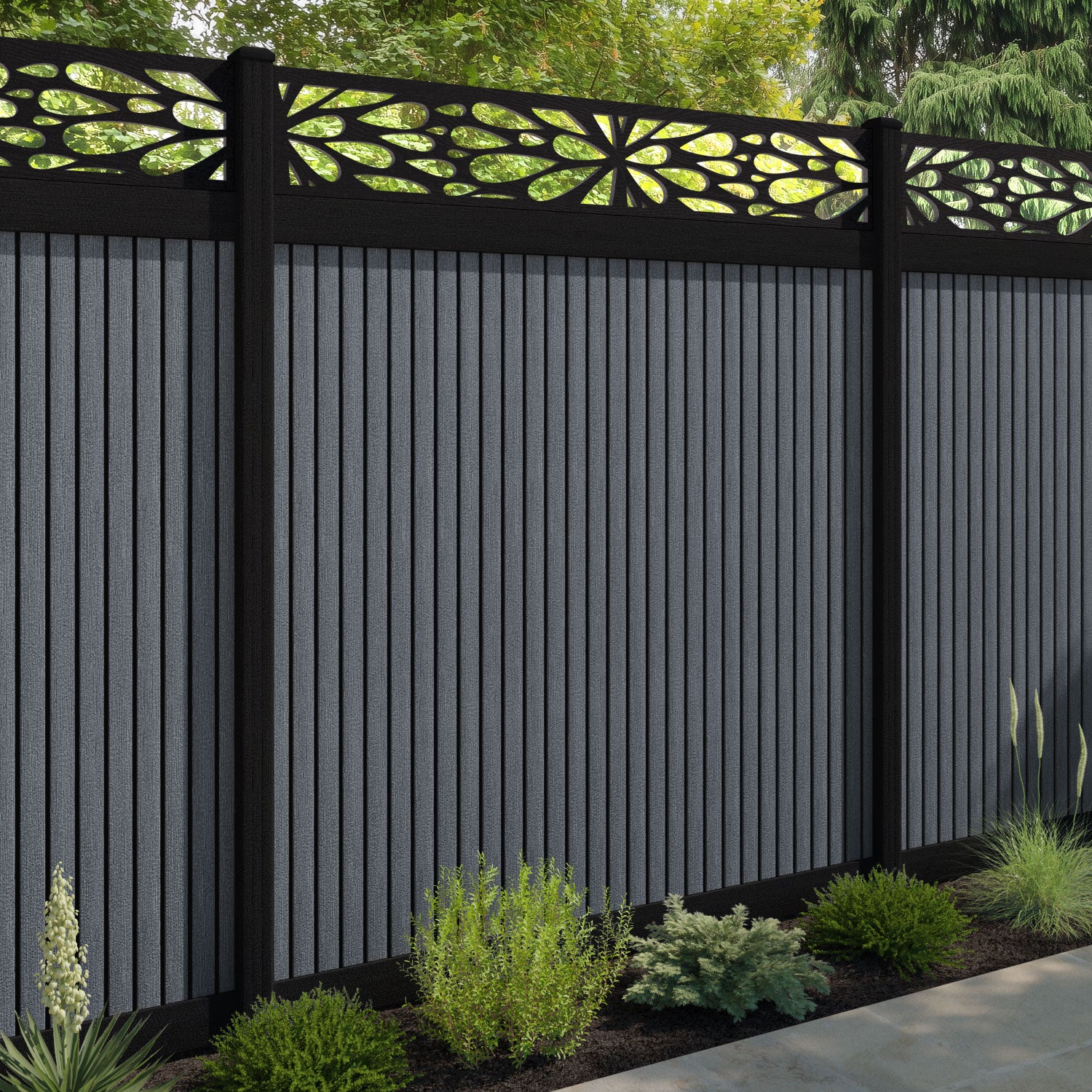 Virtis Blossom Fence Panel - Anthracite - with our aluminium posts