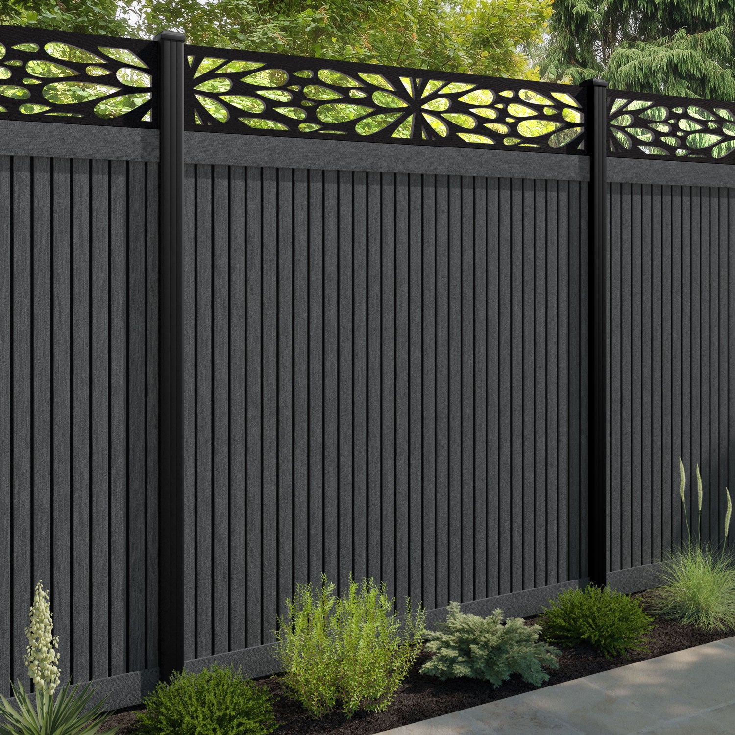 Virtis Blossom Fence Panel - Dark Grey - with our aluminium posts