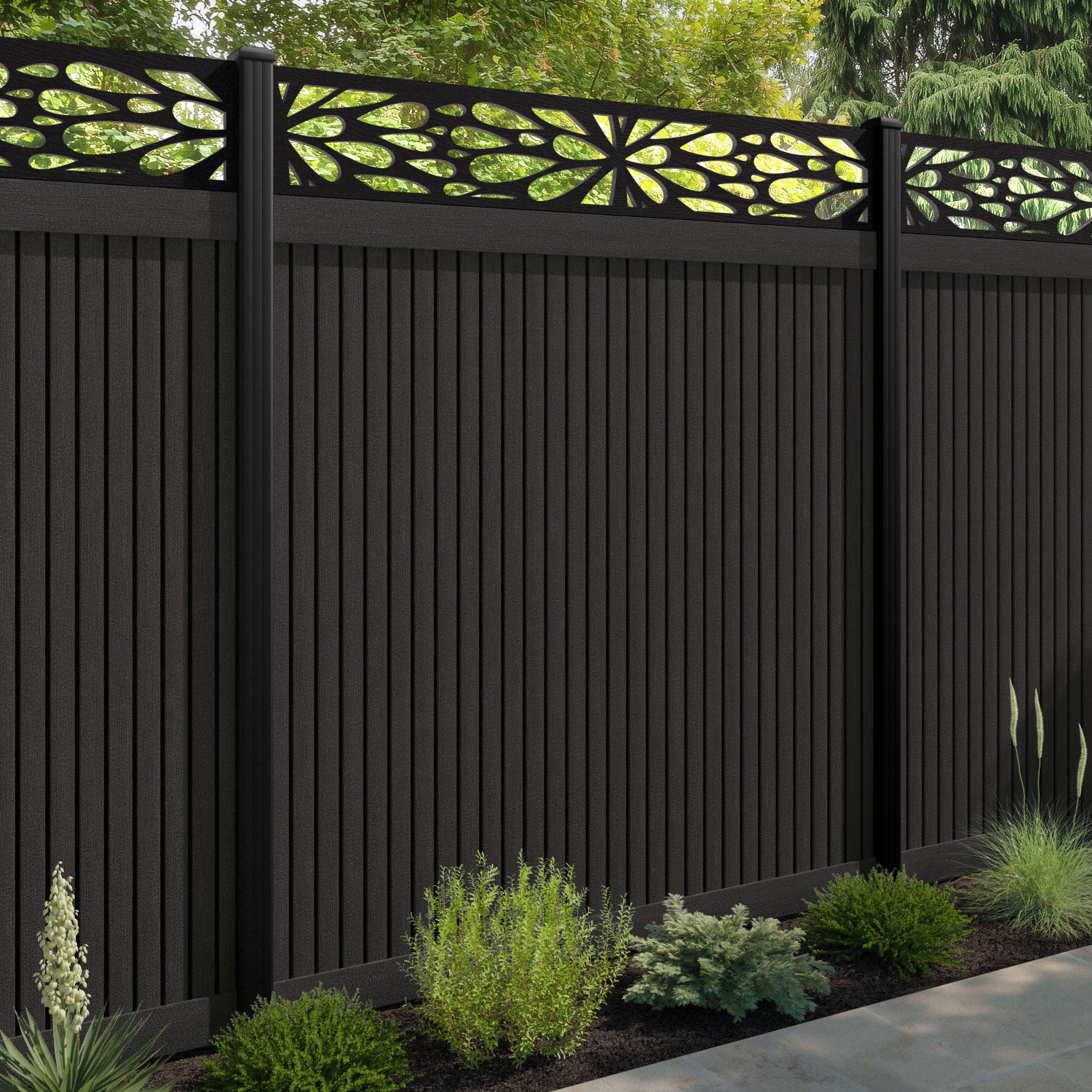 Virtis Blossom Fence Panel - Dark Oak - with our composite posts