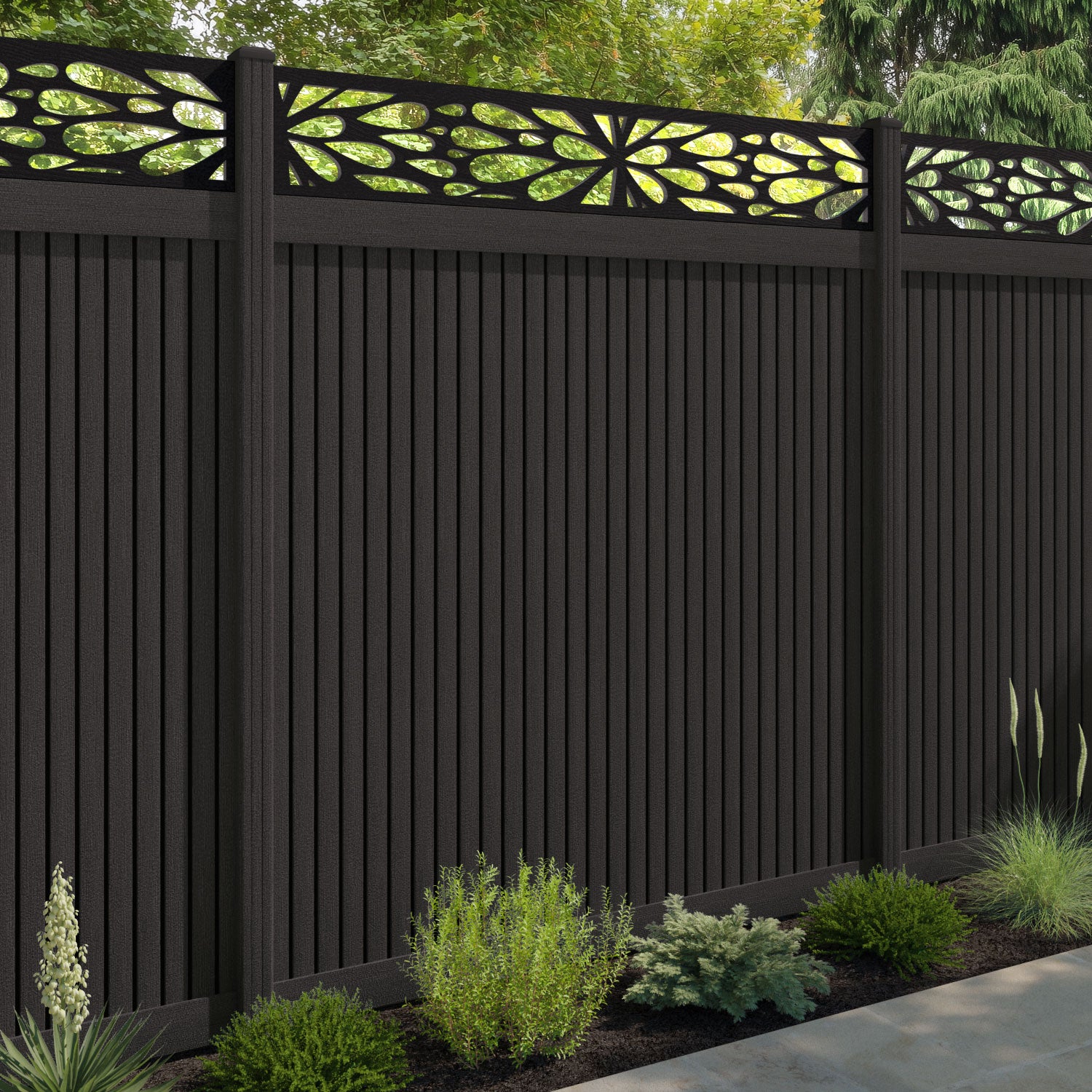 Virtis Blossom Fence Panel - Dark Oak - with our composite posts