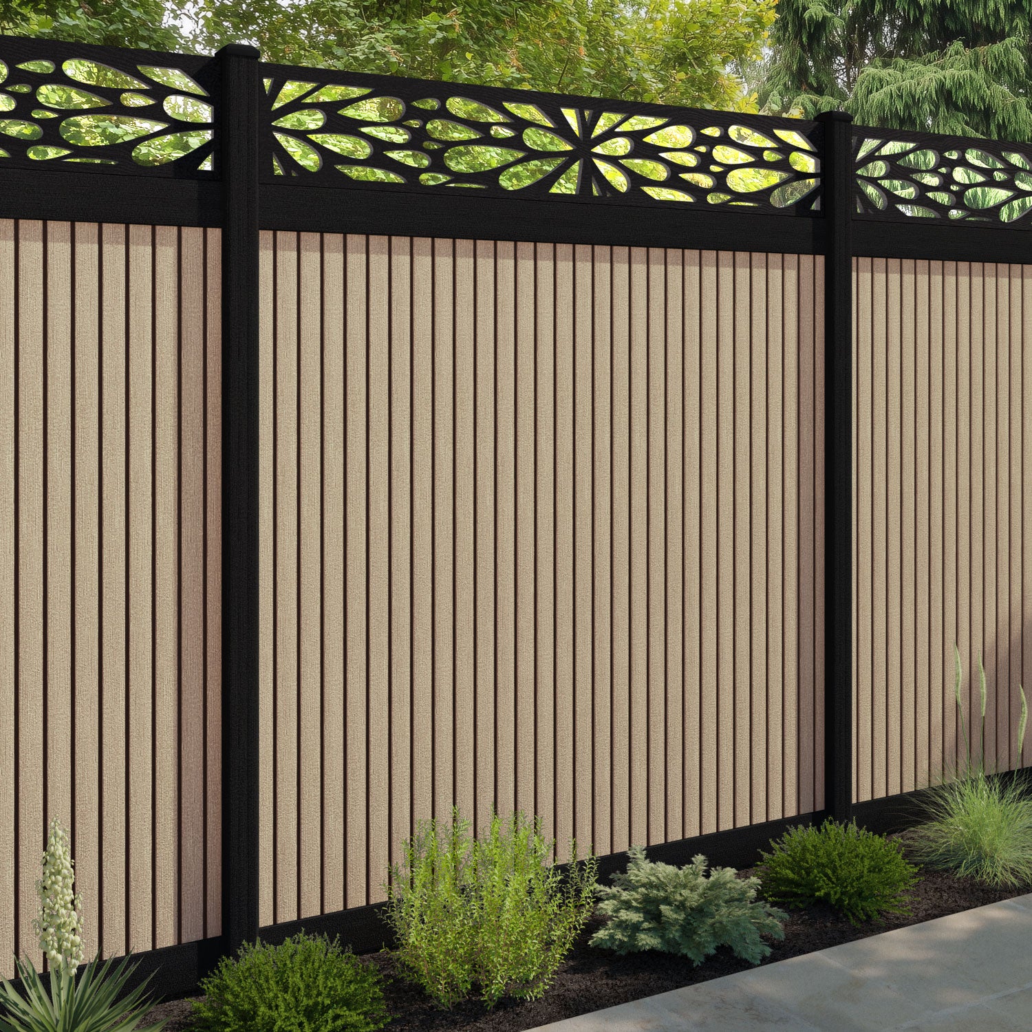 Virtis Blossom Fence Panel - Light Oak - with our aluminium posts