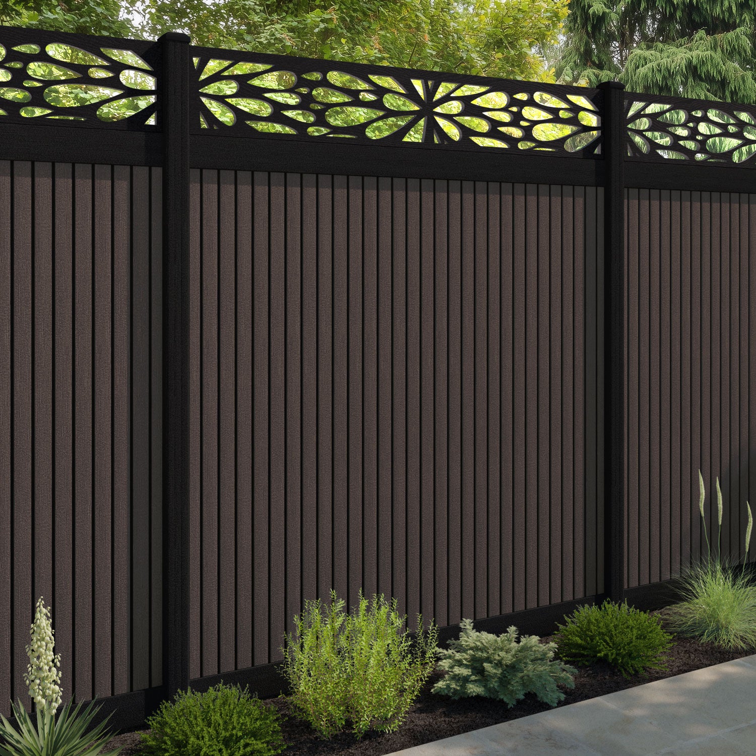 Virtis Blossom Fence Panel - Mid Brown - with our aluminium posts