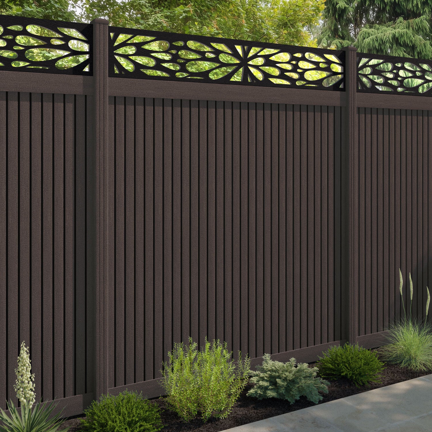 Virtis Blossom Fence Panel - Mid Brown - with our composite posts