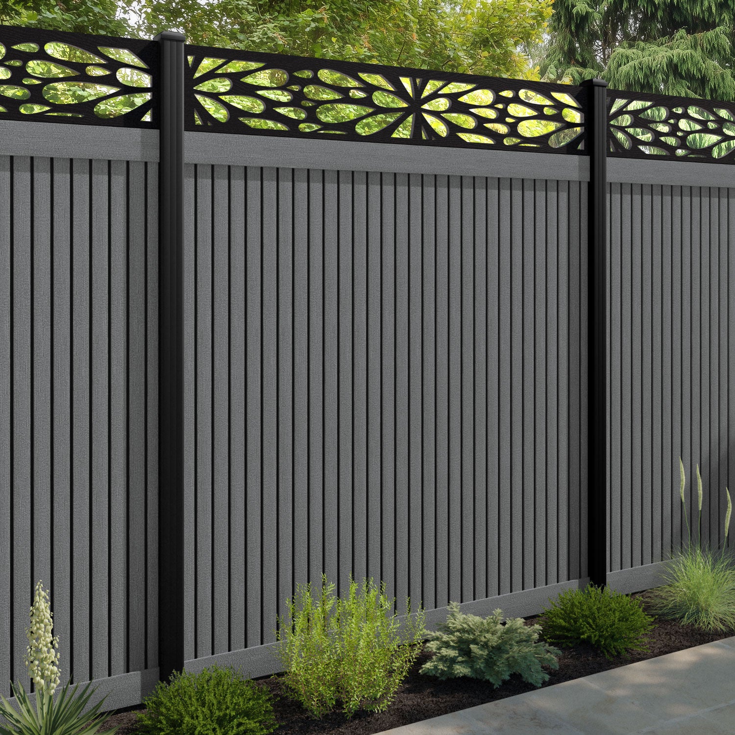 Virtis Blossom Fence Panel - Mid Grey - with our aluminium posts