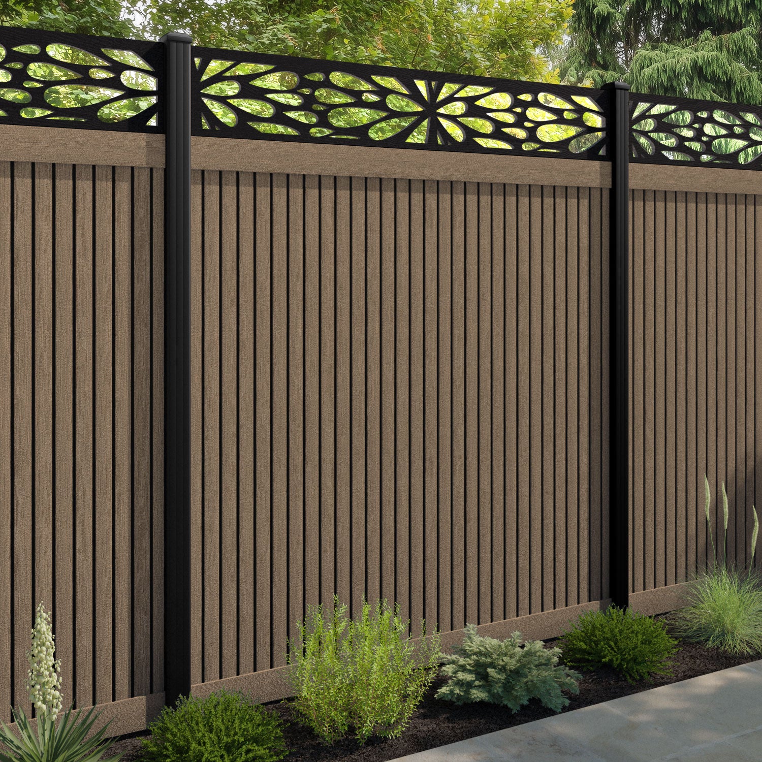 Virtis Blossom Fence Panel - Teak - with our aluminium posts