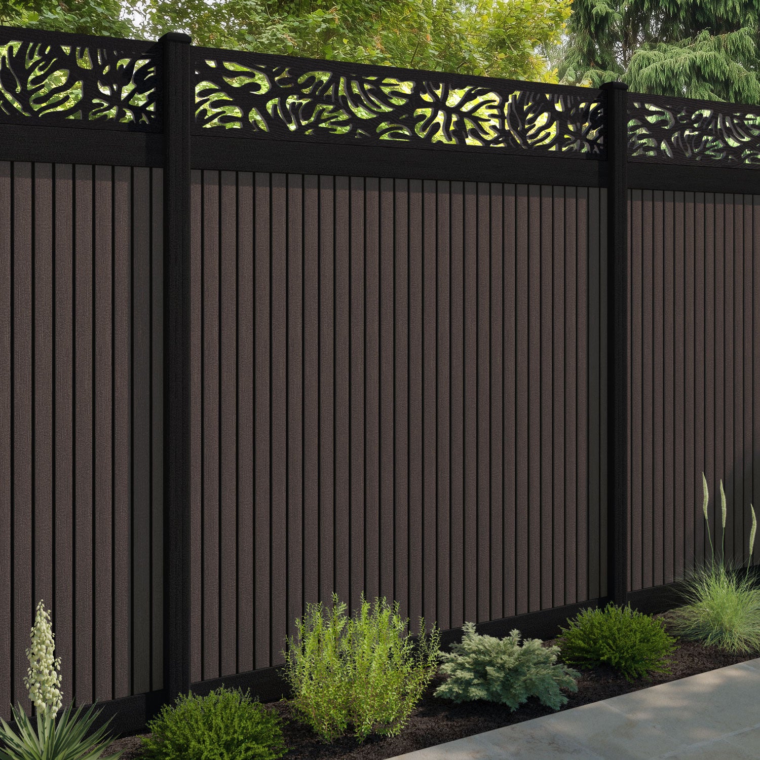 Virtis Botanic Fence Panel - Mid Brown - with our aluminium posts