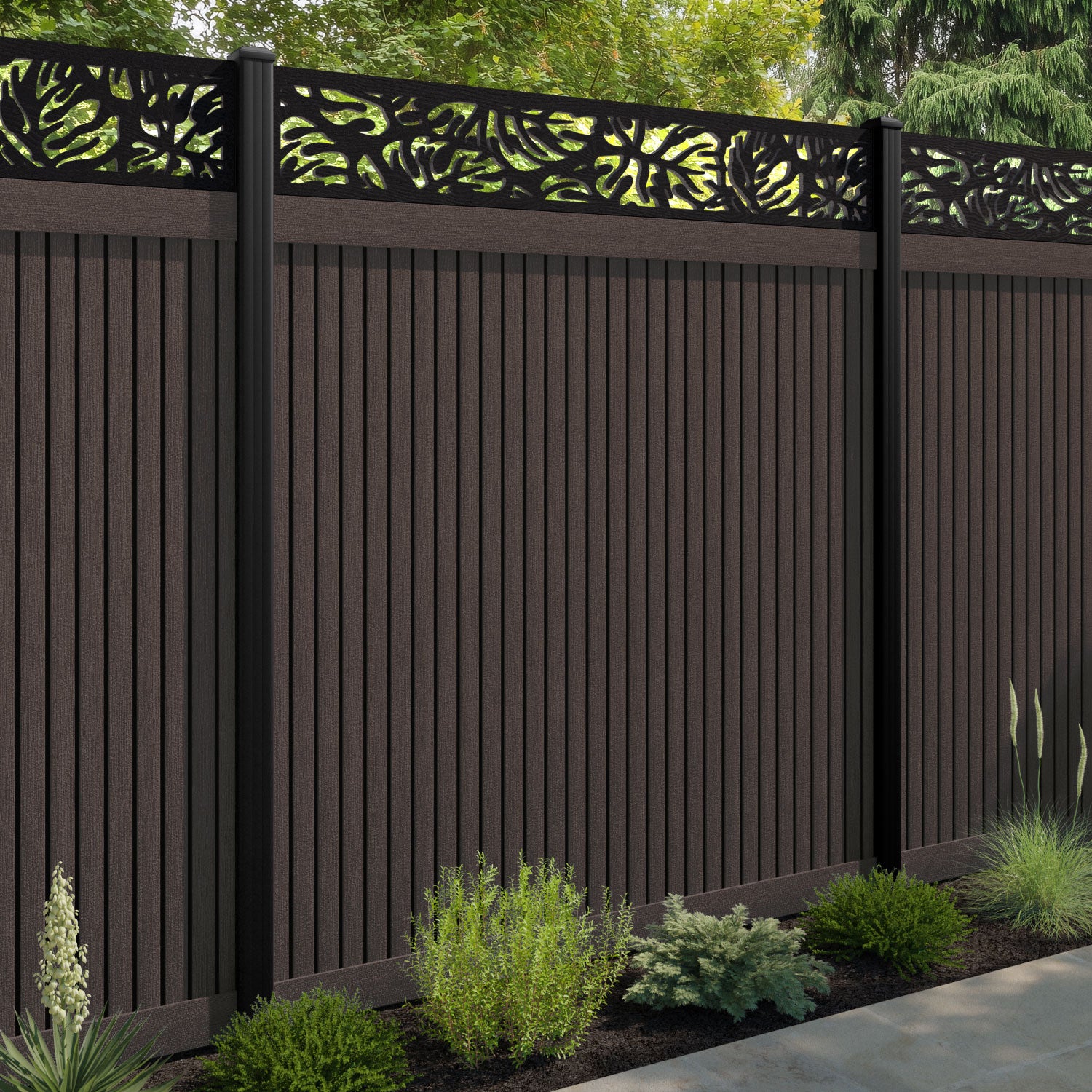 Virtis Botanic Fence Panel - Mid Brown - with our composite posts