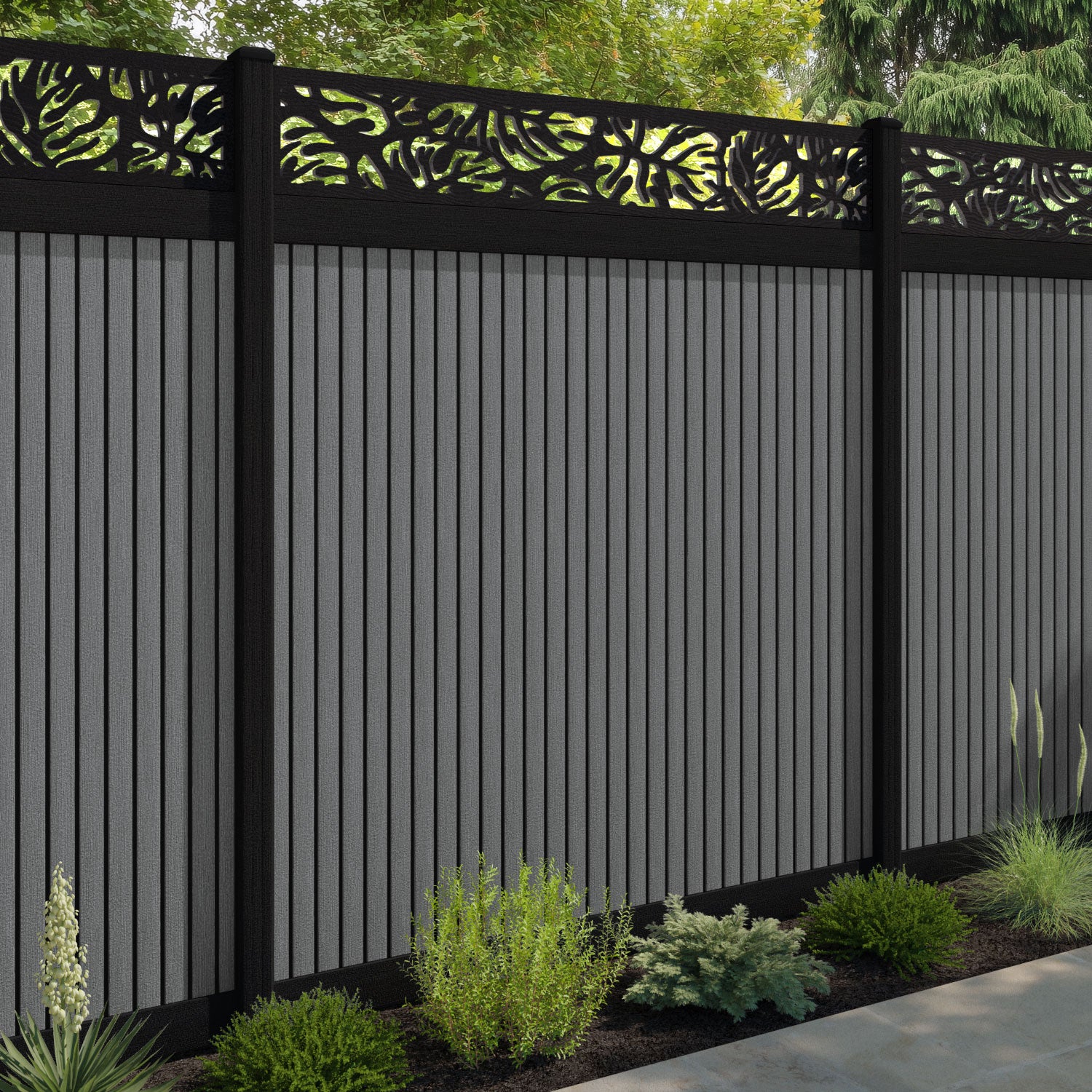 Virtis Botanic Fence Panel - Mid Grey - with our composite posts