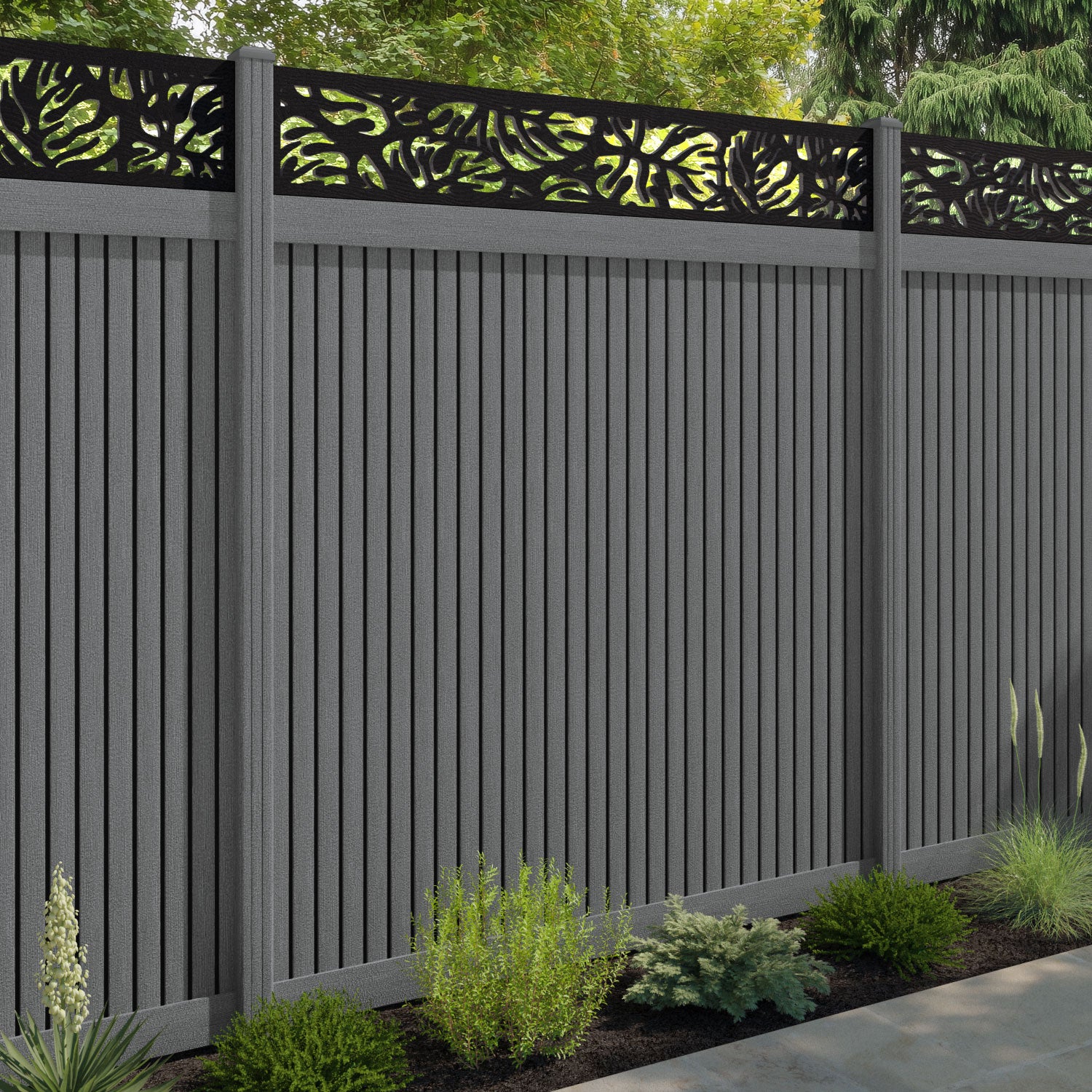 Virtis Botanic Fence Panel - Mid Grey - with our composite posts