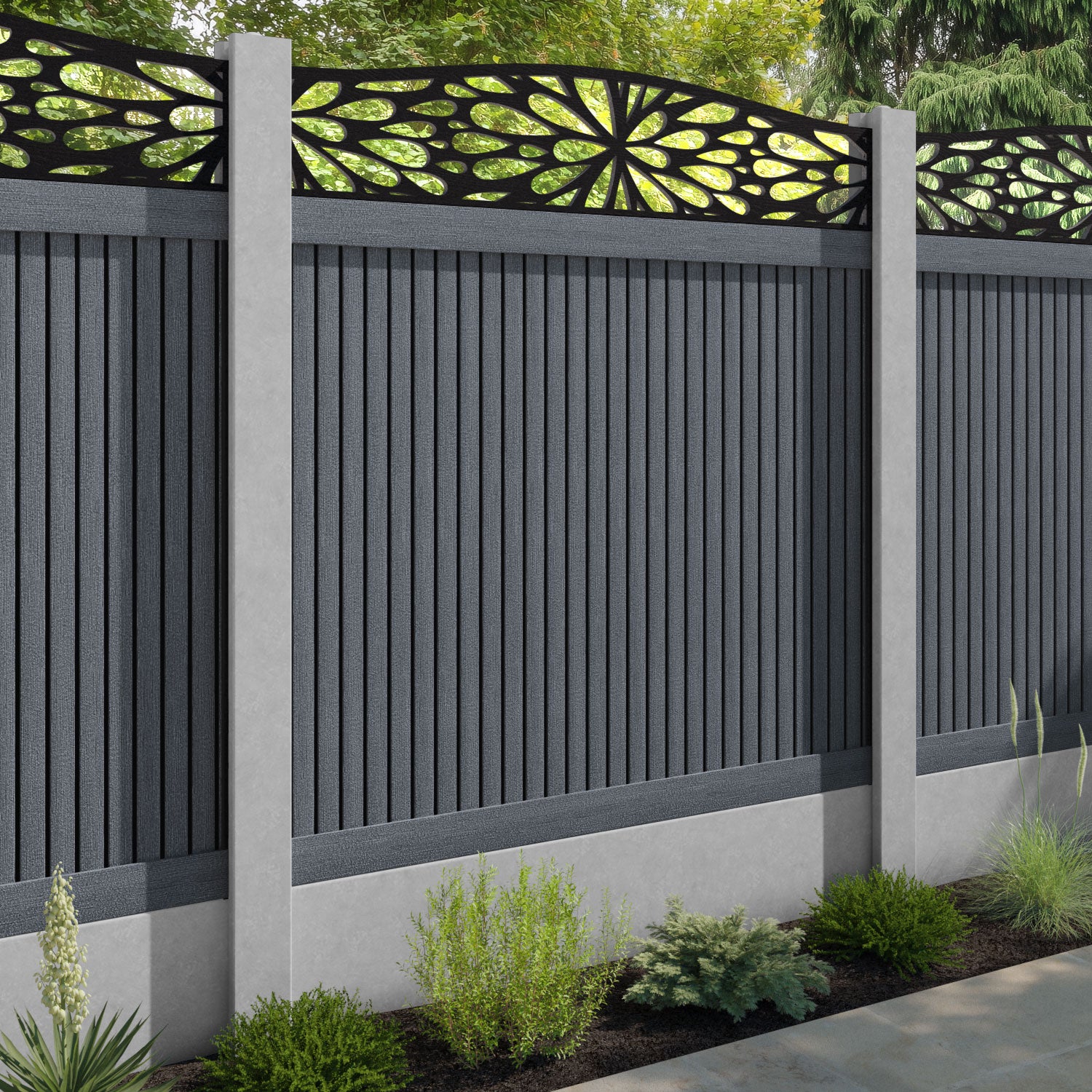 Virtis Blossom Curved Top Fence Panel - Anthracite - for existing concrete posts
