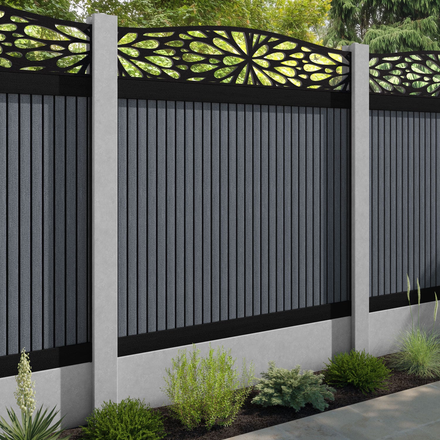 Virtis Blossom Curved Top Fence Panel - Anthracite - for existing concrete posts