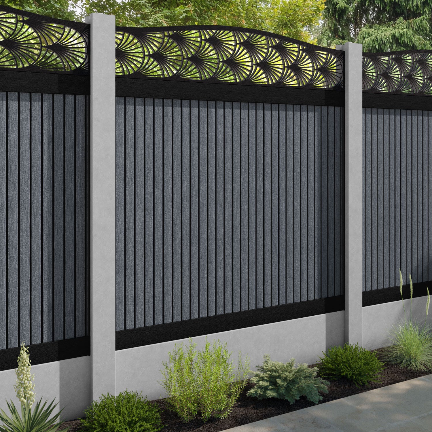 Virtis Laurel Curved Top Fence Panel - Anthracite - for existing concrete posts