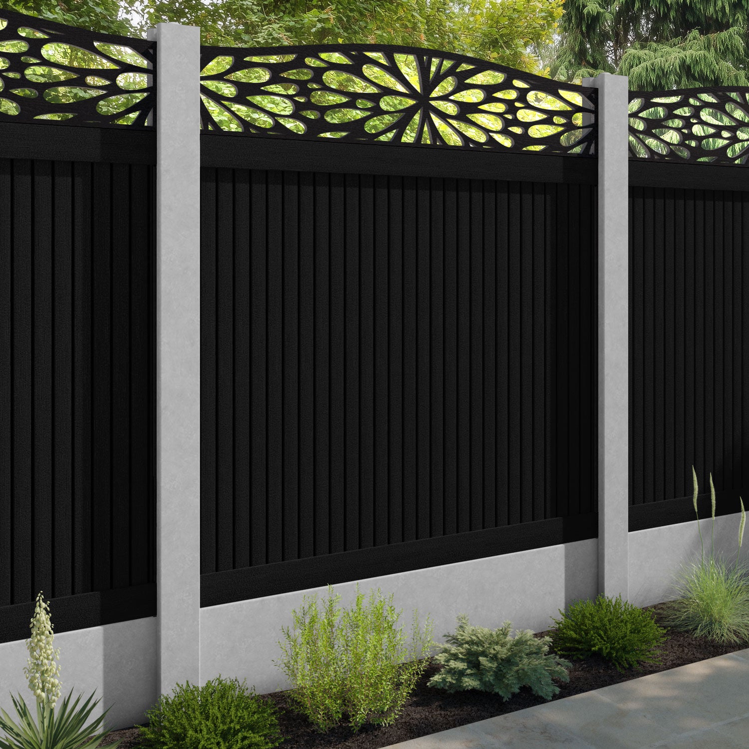 Virtis Blossom Curved Top Fence Panel - Black - for existing concrete posts
