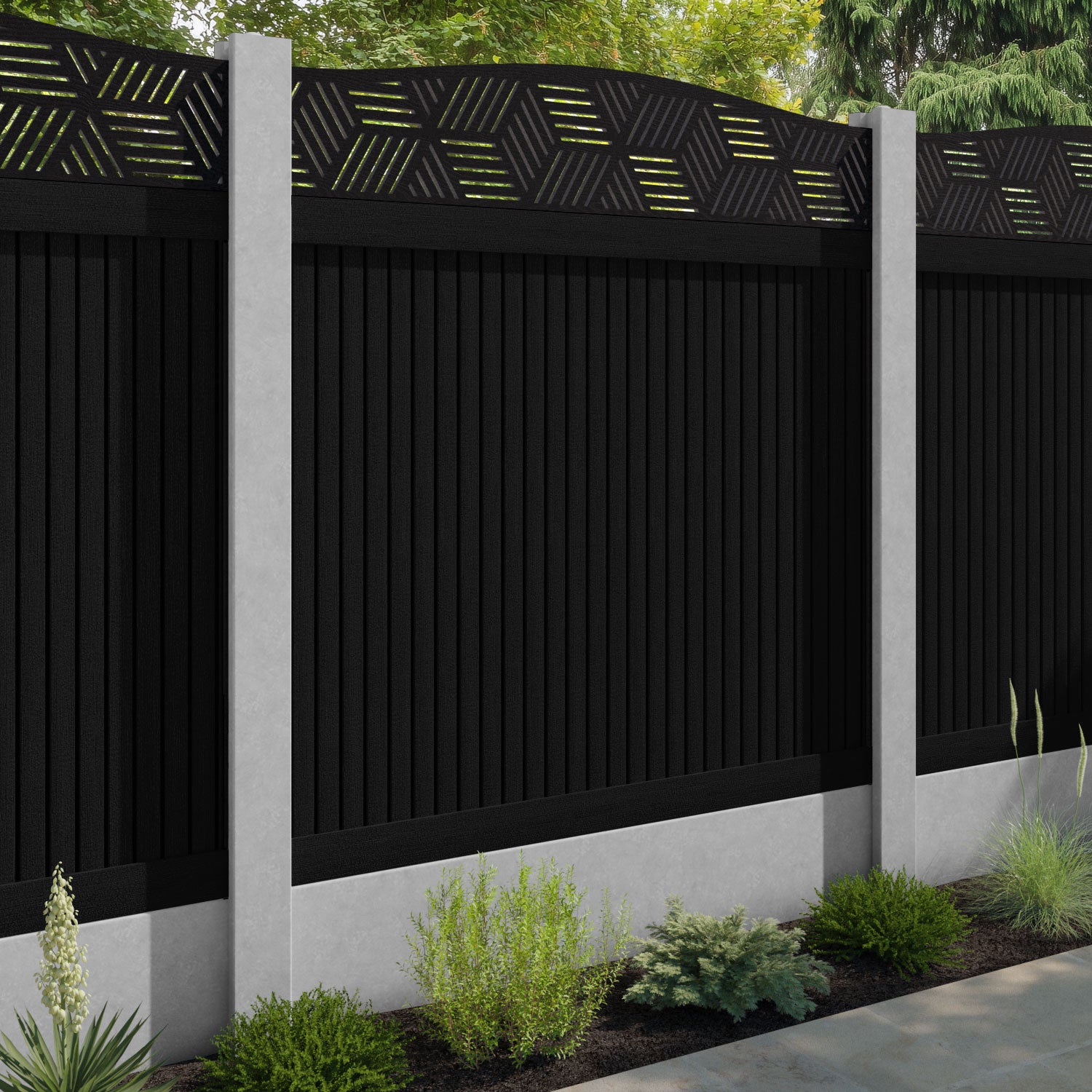 Virtis Cubed Curved Top Fence Panel - Black - for existing concrete posts
