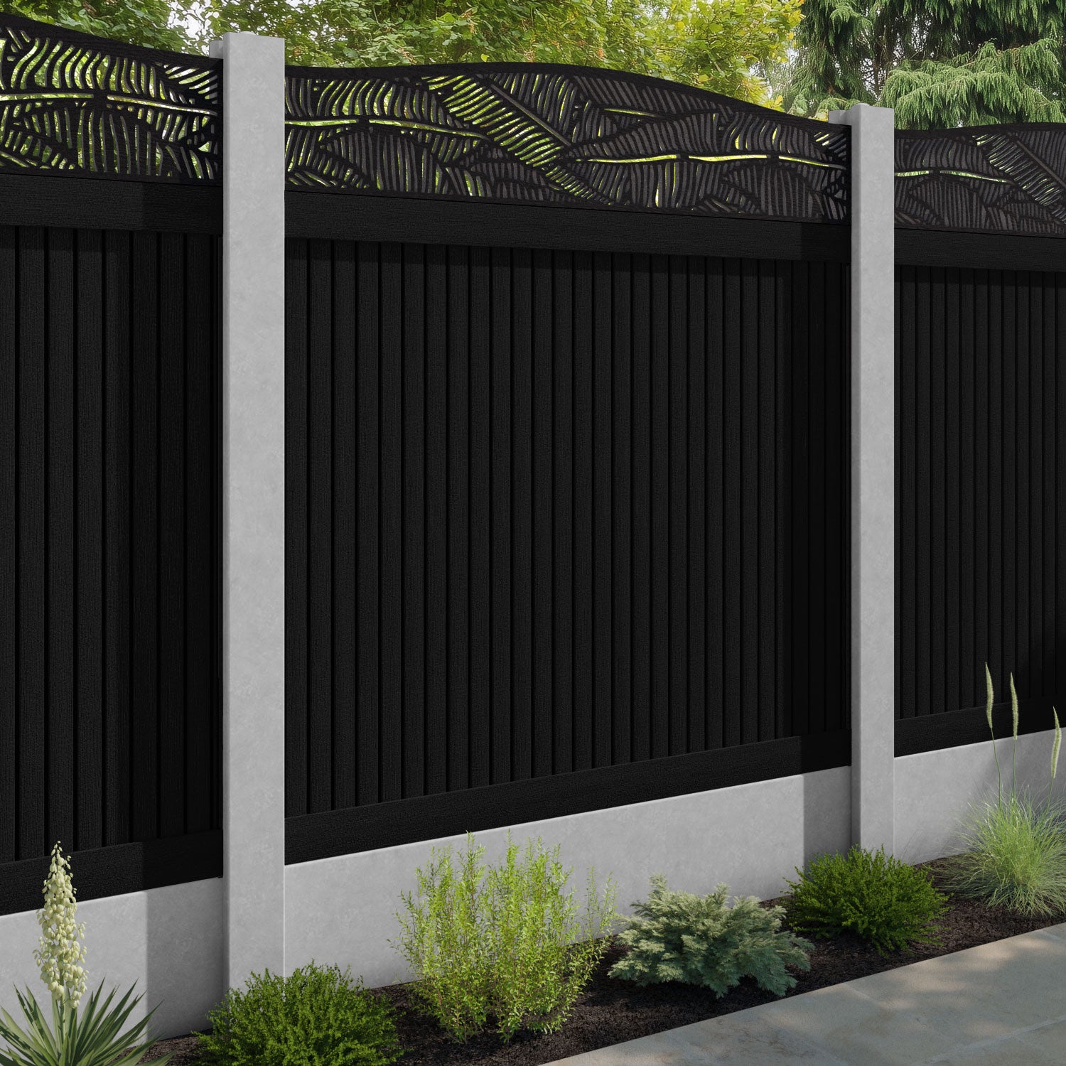 Virtis Feather Curved Top Fence Panel - Black - for existing concrete posts
