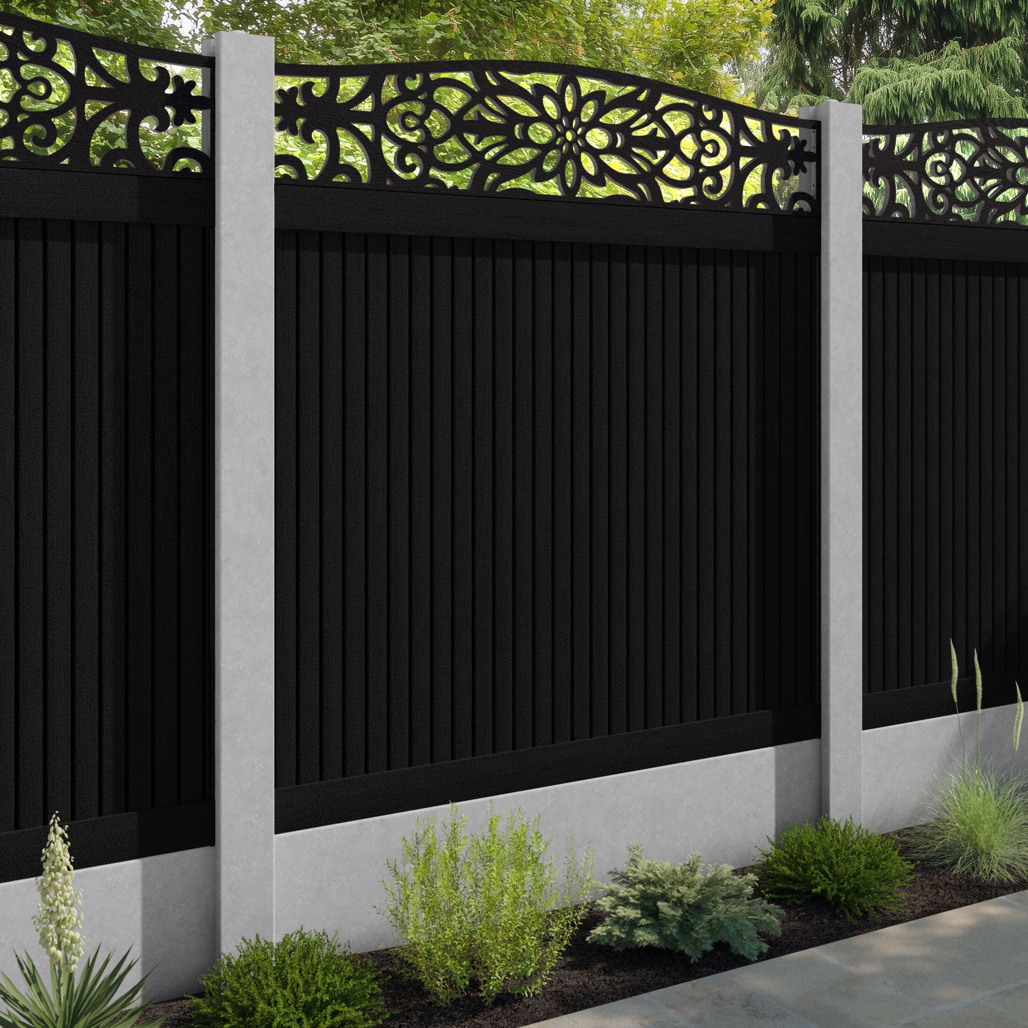 Virtis Windsor Curved Top Fence Panel - Black - for existing concrete posts