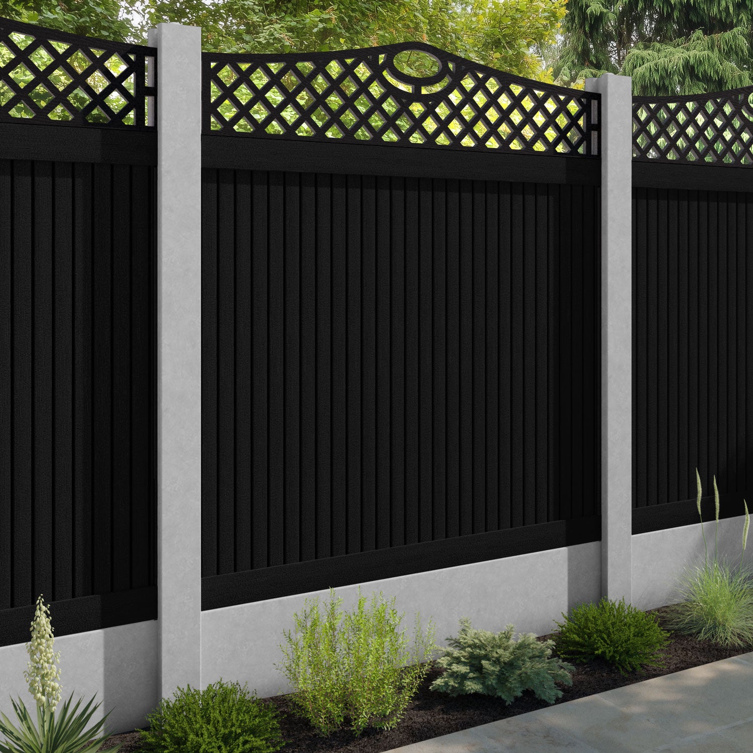 Virtis Oxford Curved Top Fence Panel - Black - for existing concrete posts