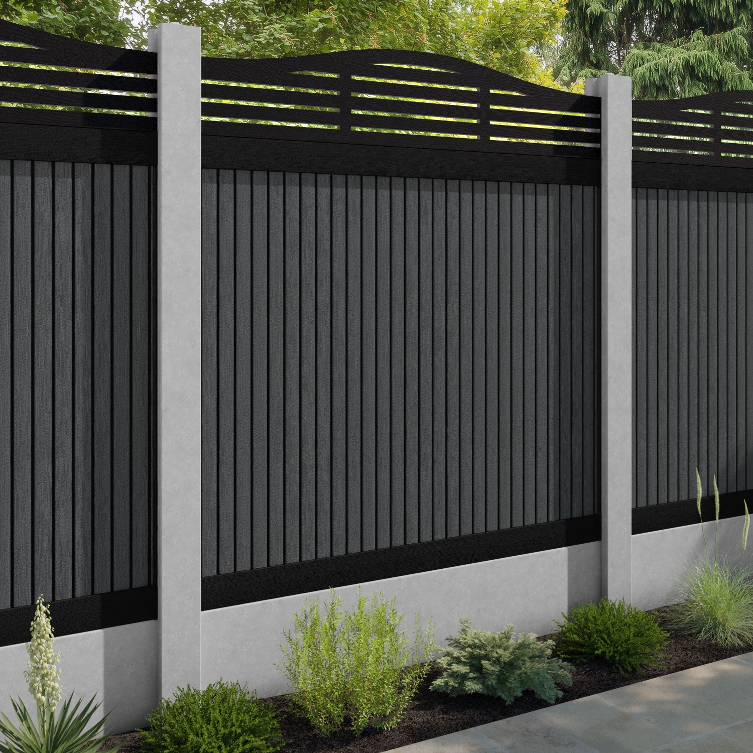Virtis Aspen Curved Top Fence Panel - Dark Grey - for existing concrete posts