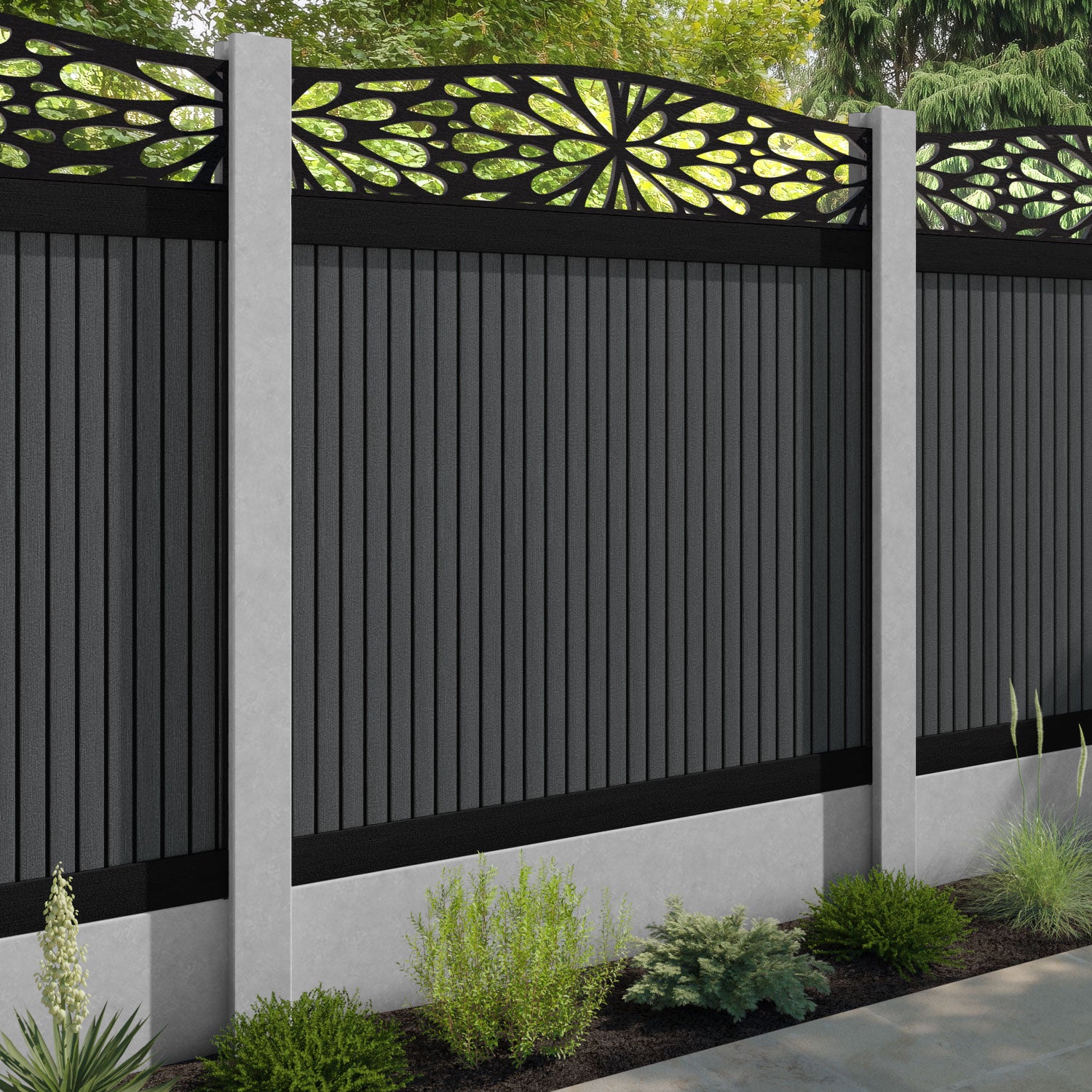 Virtis Blossom Curved Top Fence Panel - Dark Grey - for existing concrete posts