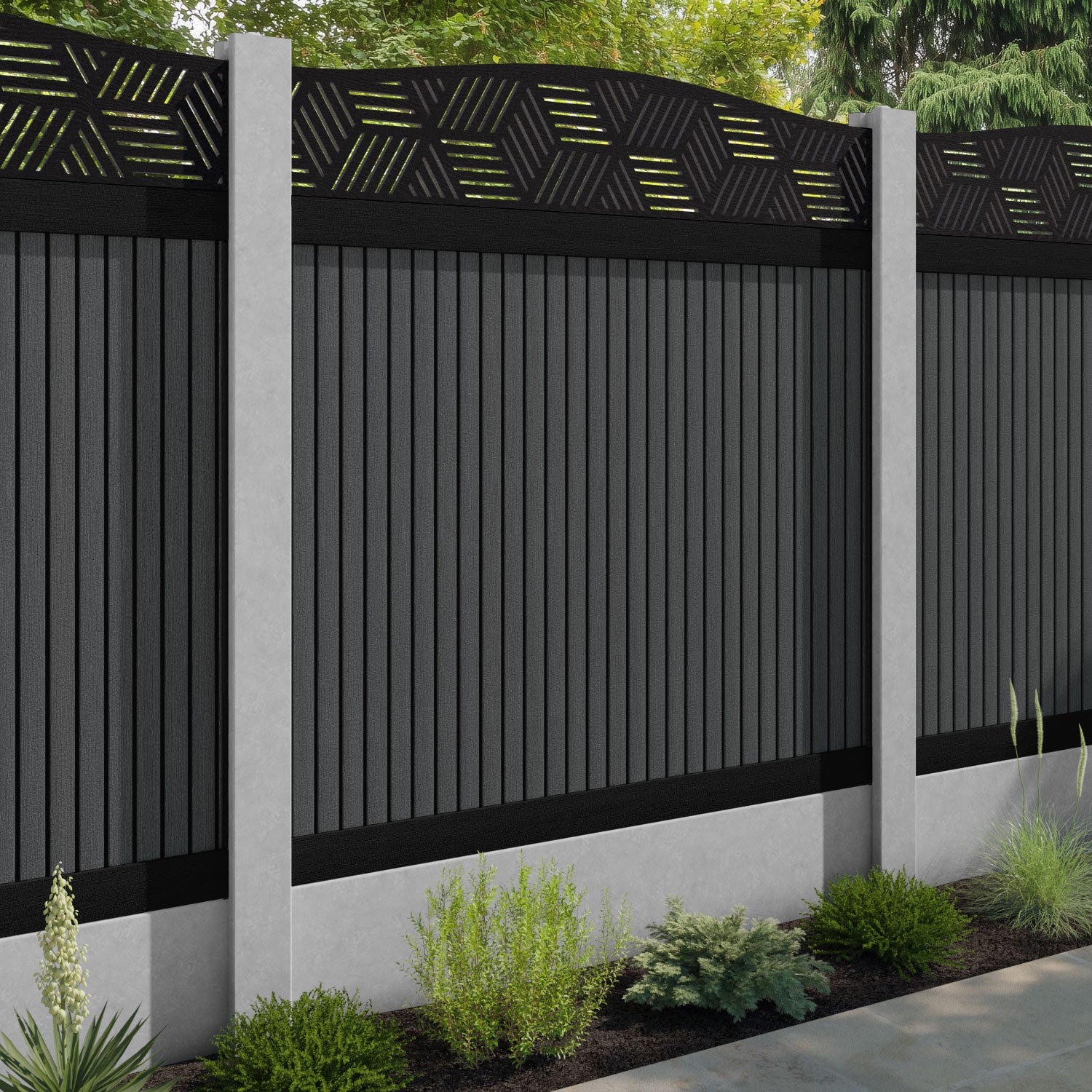 Virtis Cubed Curved Top Fence Panel - Dark Grey - for existing concrete posts
