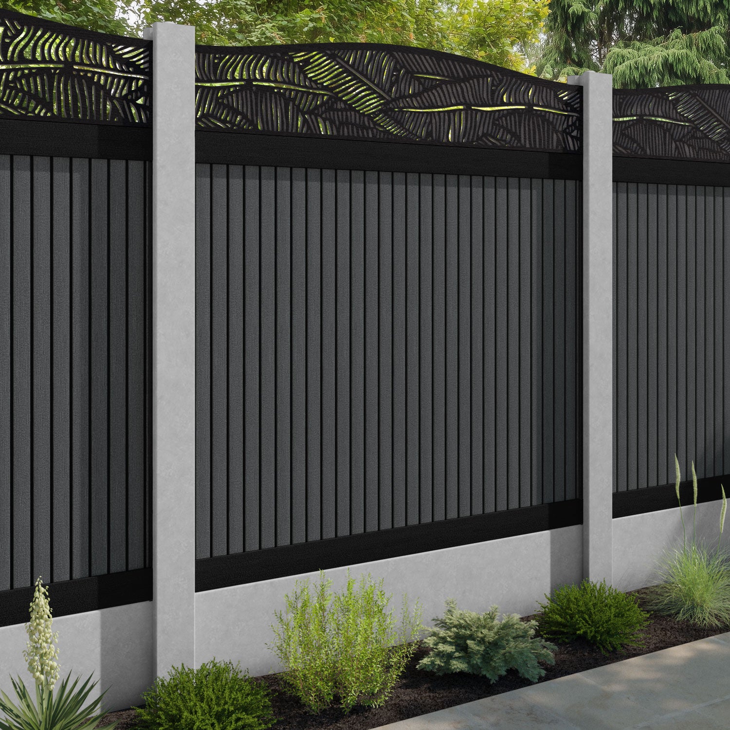 Virtis Feather Curved Top Fence Panel - Dark Grey - for existing concrete posts