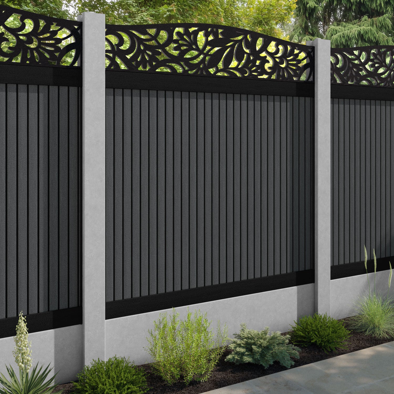 Virtis Heritage Curved Top Fence Panel - Dark Grey - for existing concrete posts
