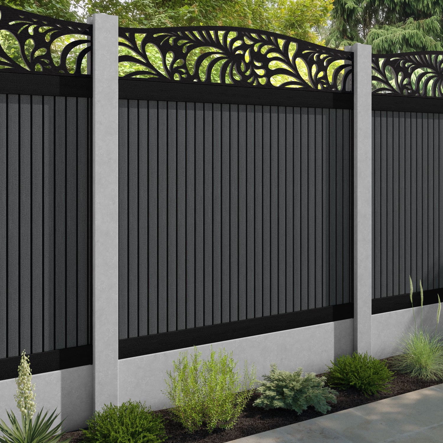 Virtis Petal Curved Top Fence Panel - Dark Grey - for existing concrete posts