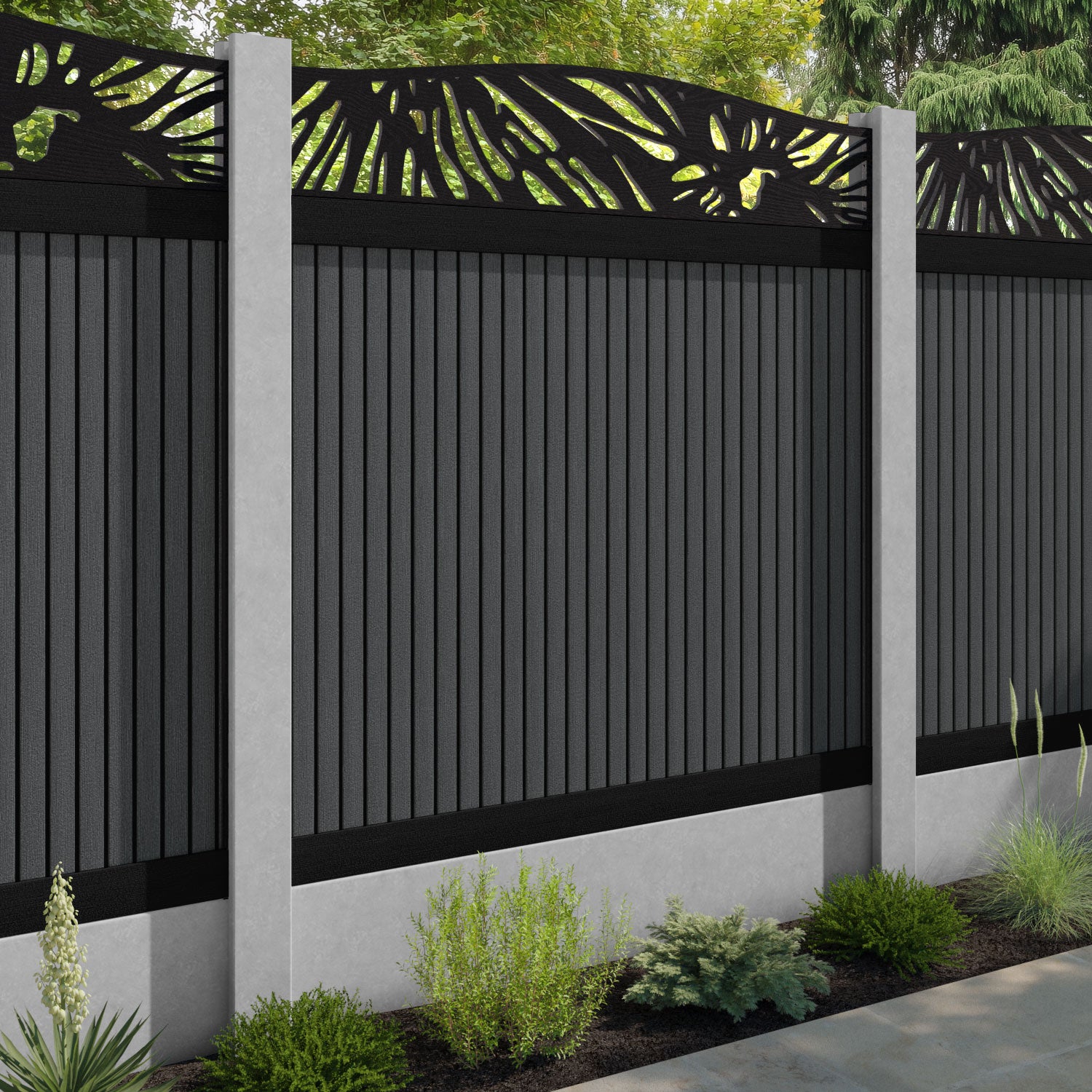 Virtis Poppy Curved Top Fence Panel - Dark Grey - for existing concrete posts