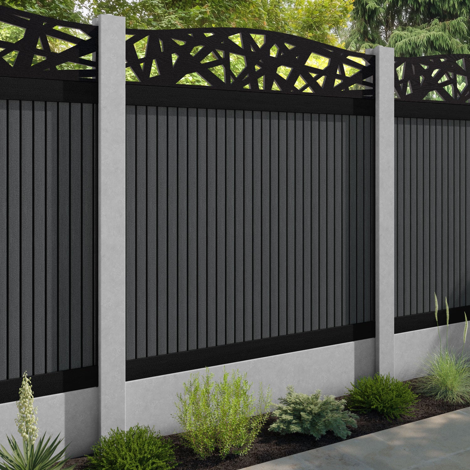Virtis Prism Curved Top Fence Panel - Dark Grey - for existing concrete posts