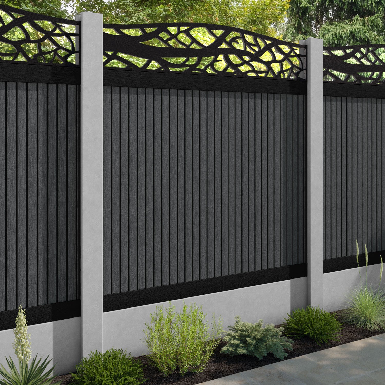 Virtis Twilight Curved Top Fence Panel - Dark Grey - for existing concrete posts