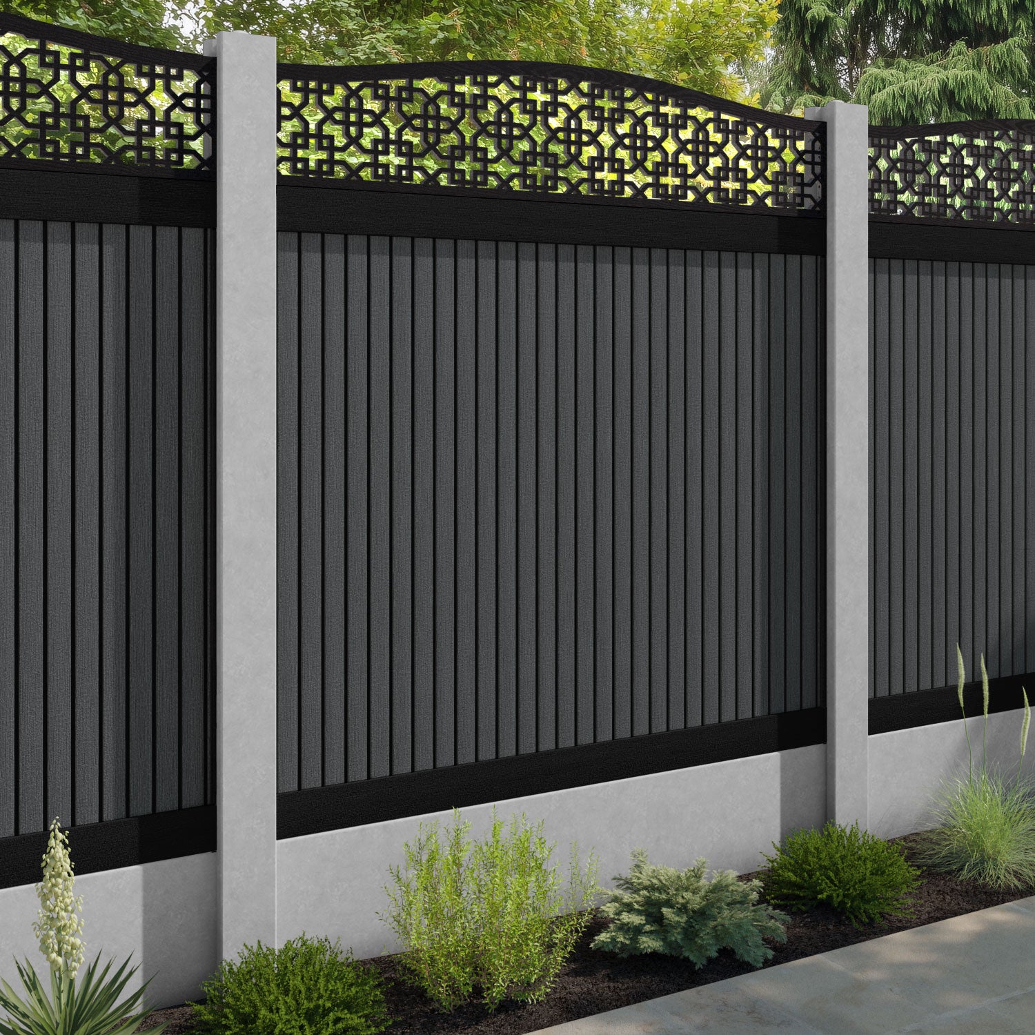 Virtis Zaria Curved Top Fence Panel - Dark Grey - for existing concrete posts