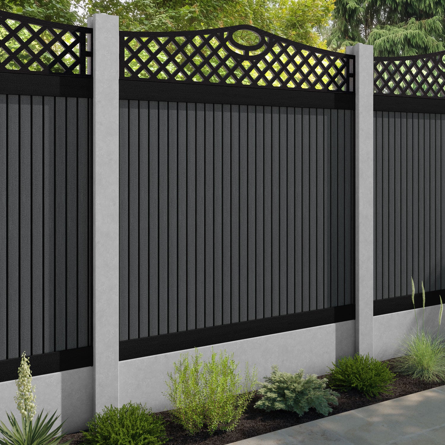 Virtis Oxford Curved Top Fence Panel - Dark Grey - for existing concrete posts