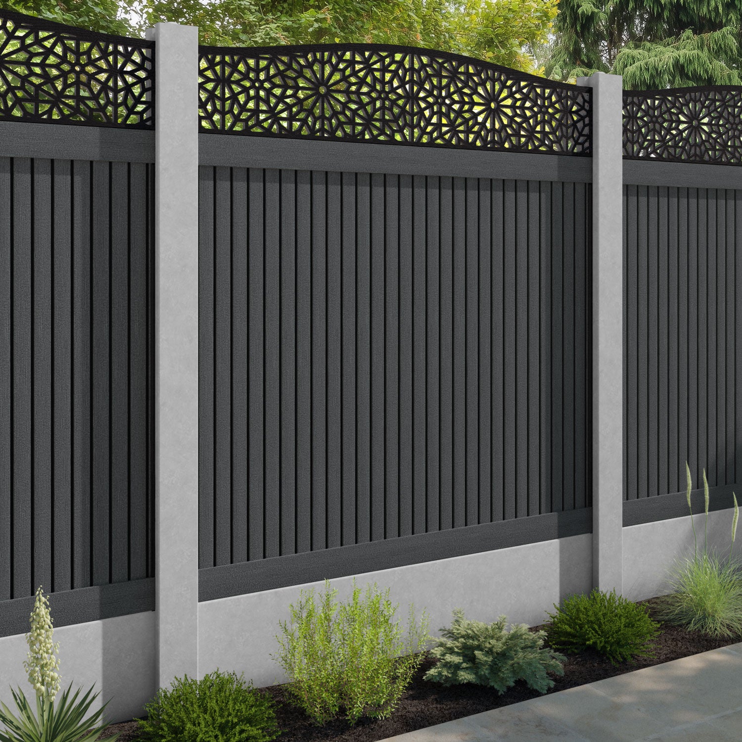 Virtis Alnara Curved Top Fence Panel - Dark Grey - for existing concrete posts