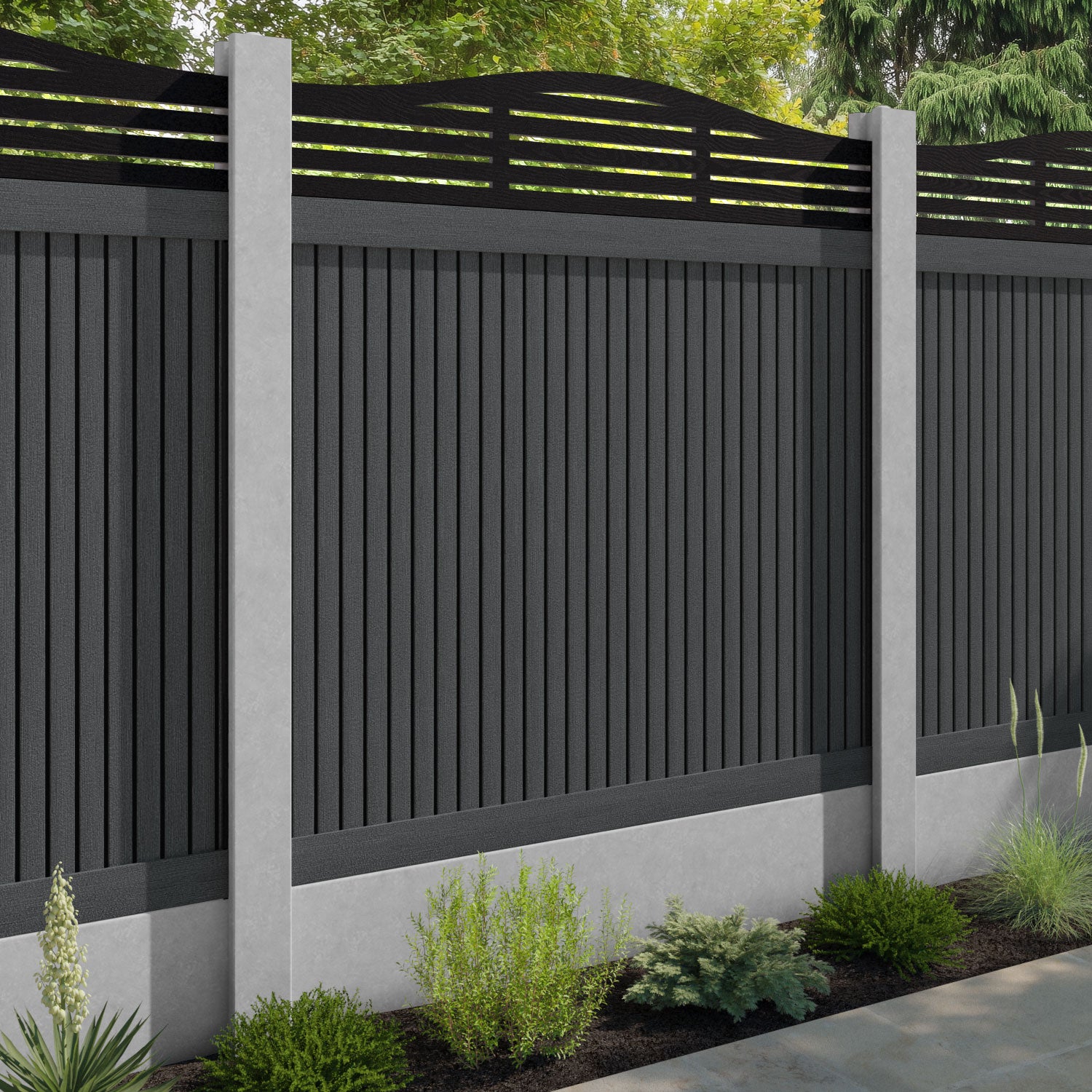 Virtis Aspen Curved Top Fence Panel - Dark Grey - for existing concrete posts