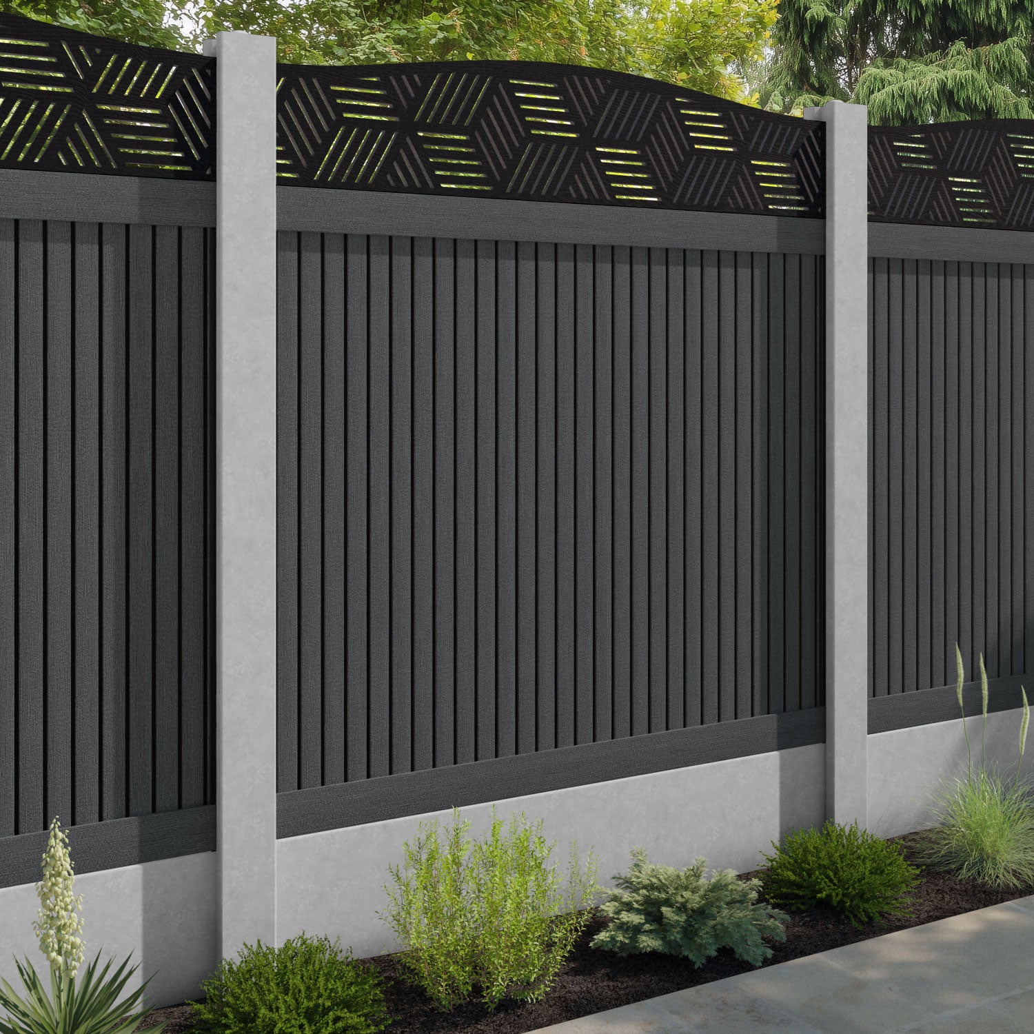 Virtis Cubed Curved Top Fence Panel - Dark Grey - for existing concrete posts
