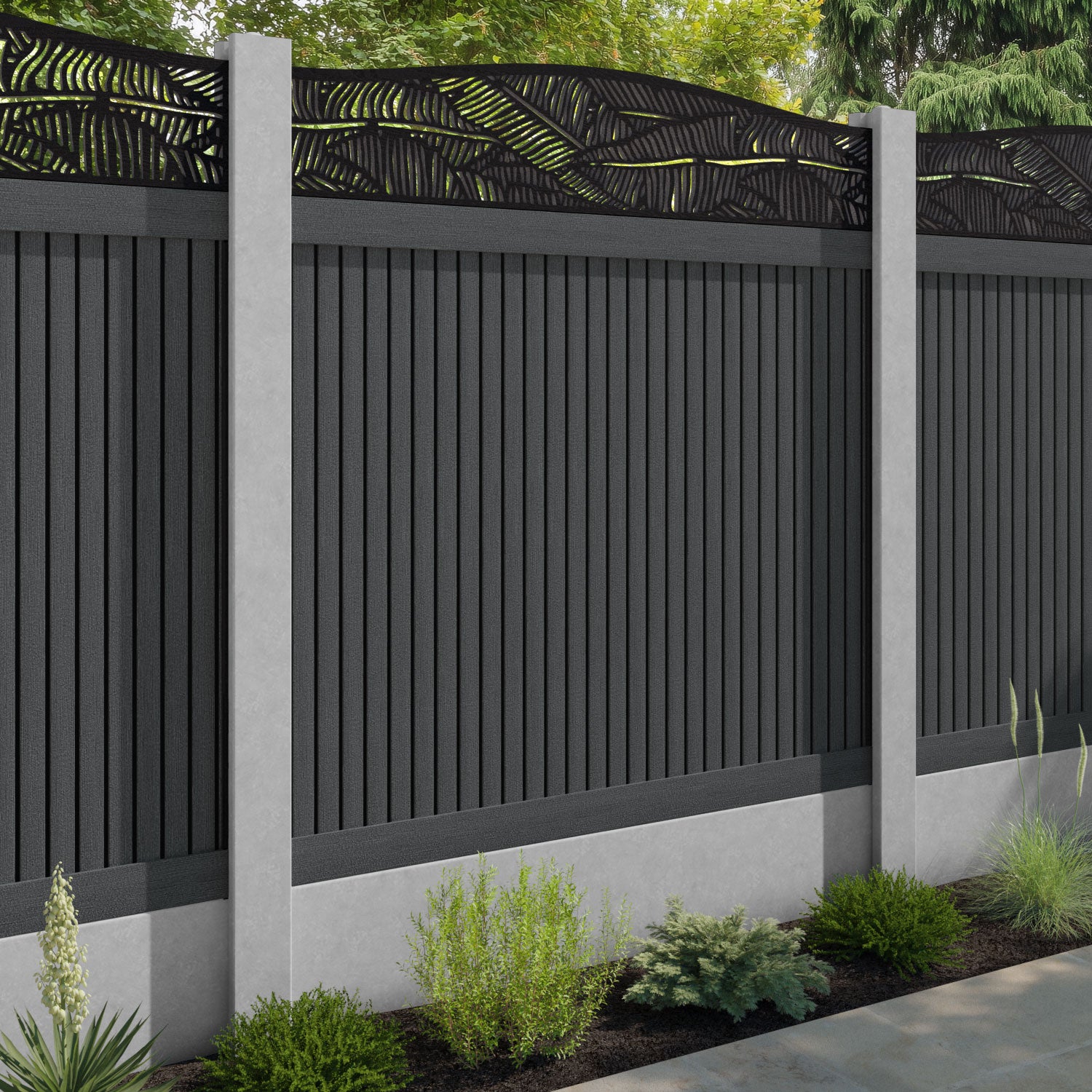 Virtis Feather Curved Top Fence Panel - Dark Grey - for existing concrete posts