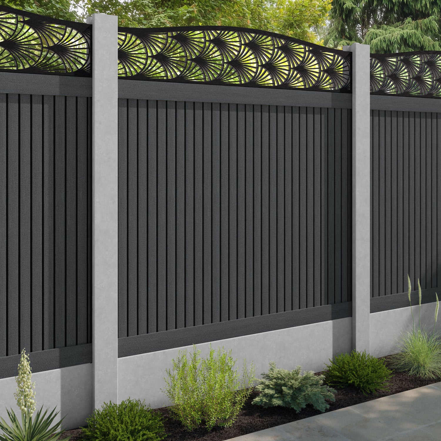 Virtis Laurel Curved Top Fence Panel - Dark Grey - for existing concrete posts