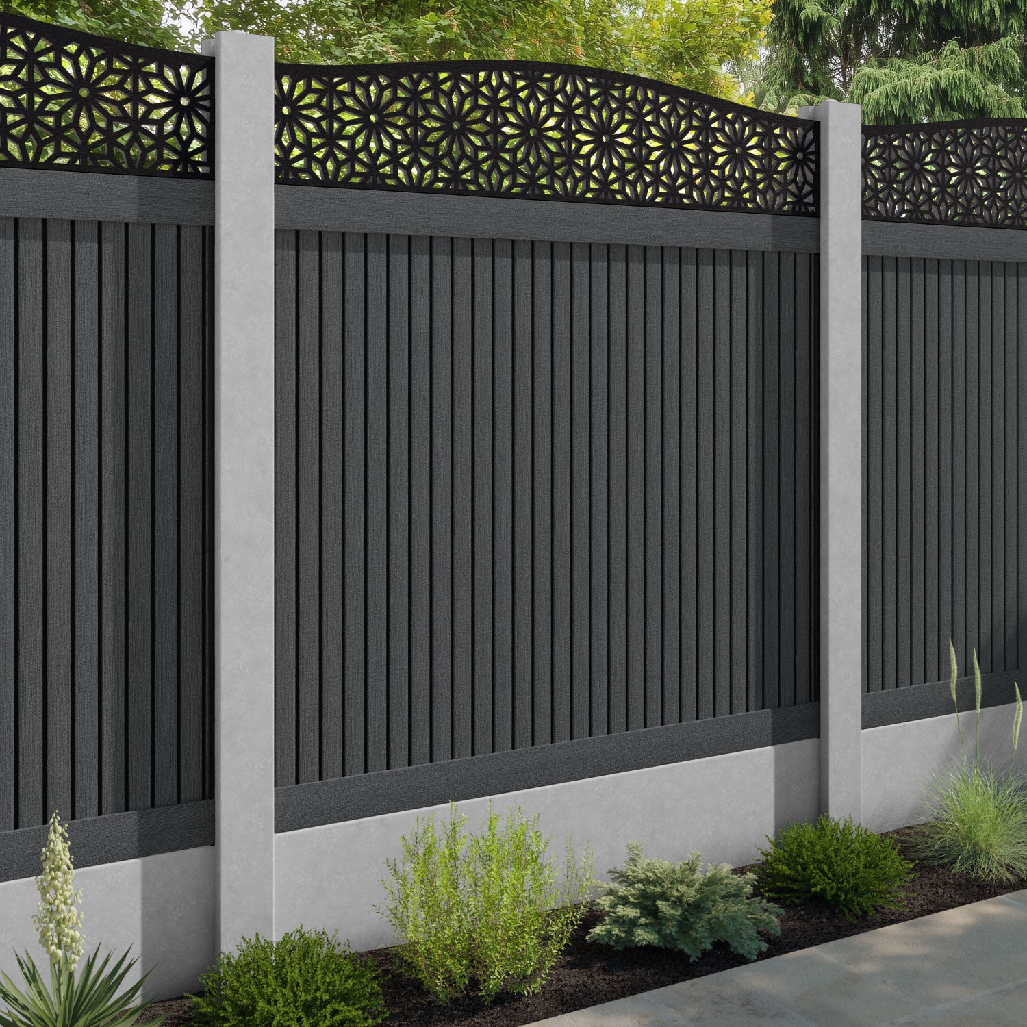 Virtis Narwa Curved Top Fence Panel - Dark Grey - for existing concrete posts