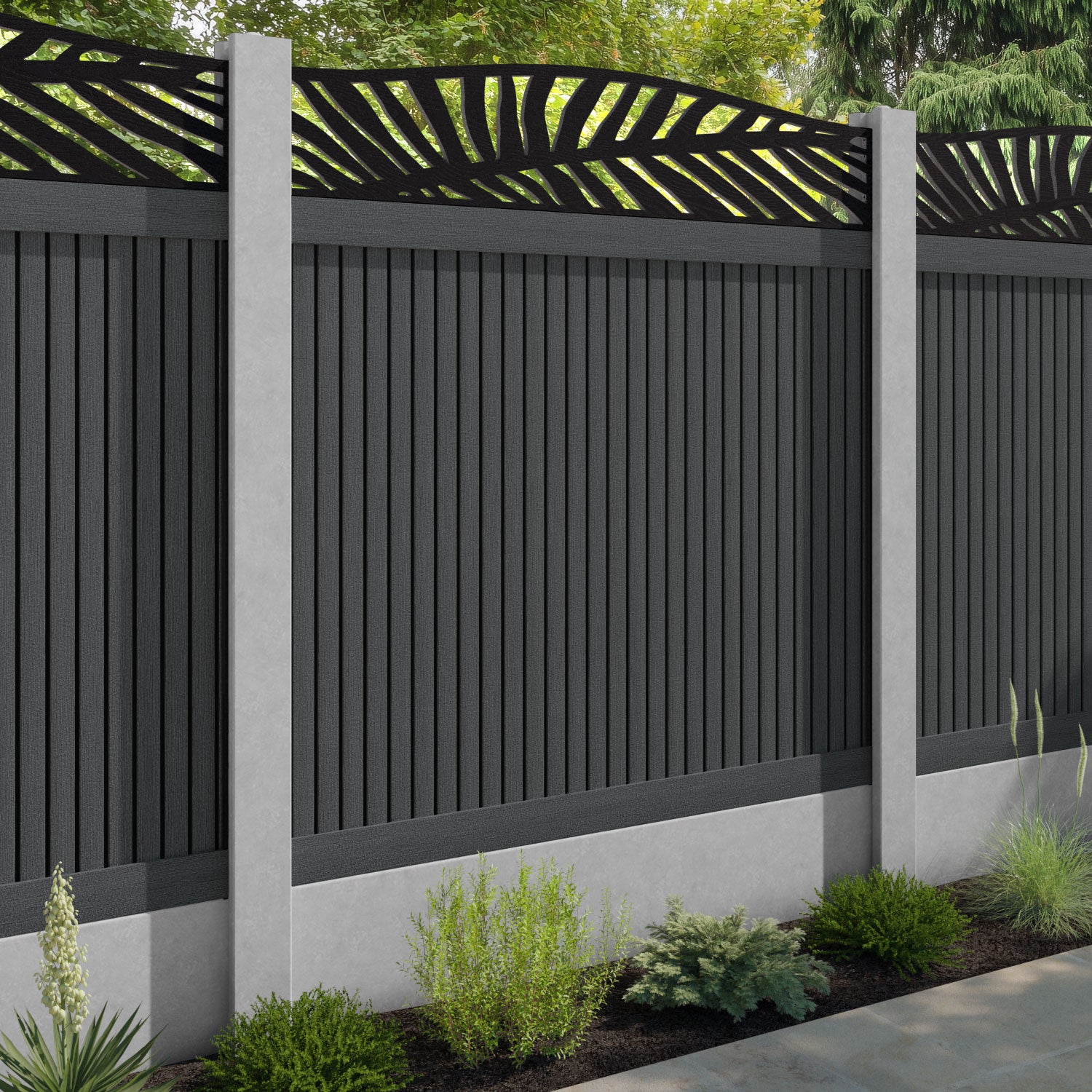 Virtis Palm Curved Top Fence Panel - Dark Grey - for existing concrete posts
