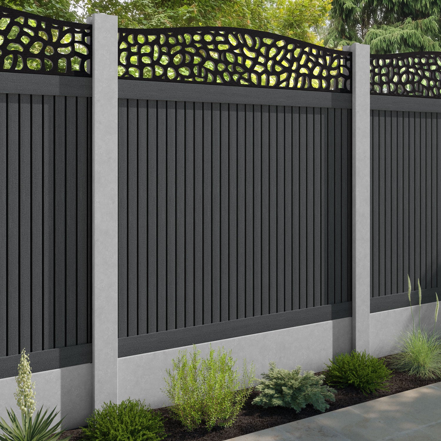 Virtis Pebble Curved Top Fence Panel - Dark Grey - for existing concrete posts