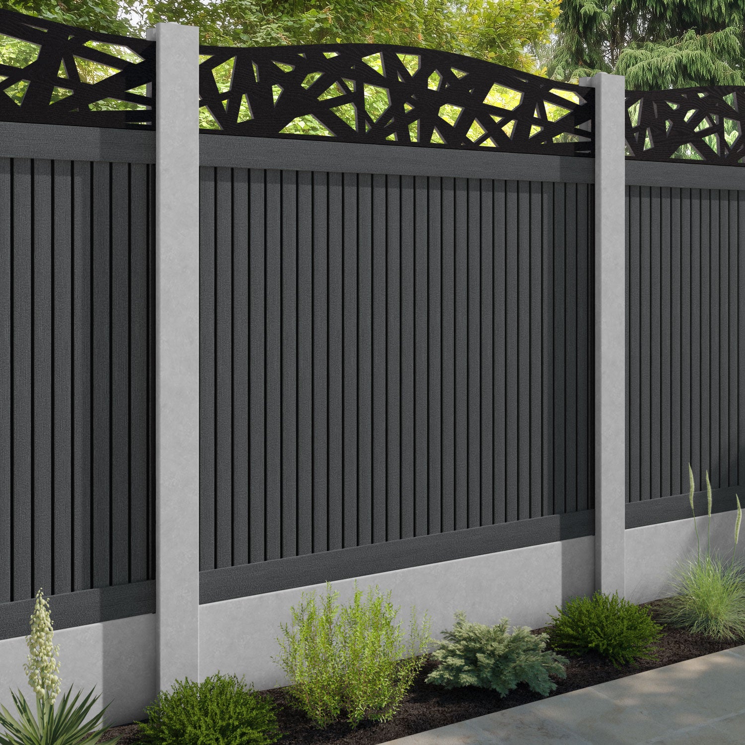 Virtis Prism Curved Top Fence Panel - Dark Grey - for existing concrete posts