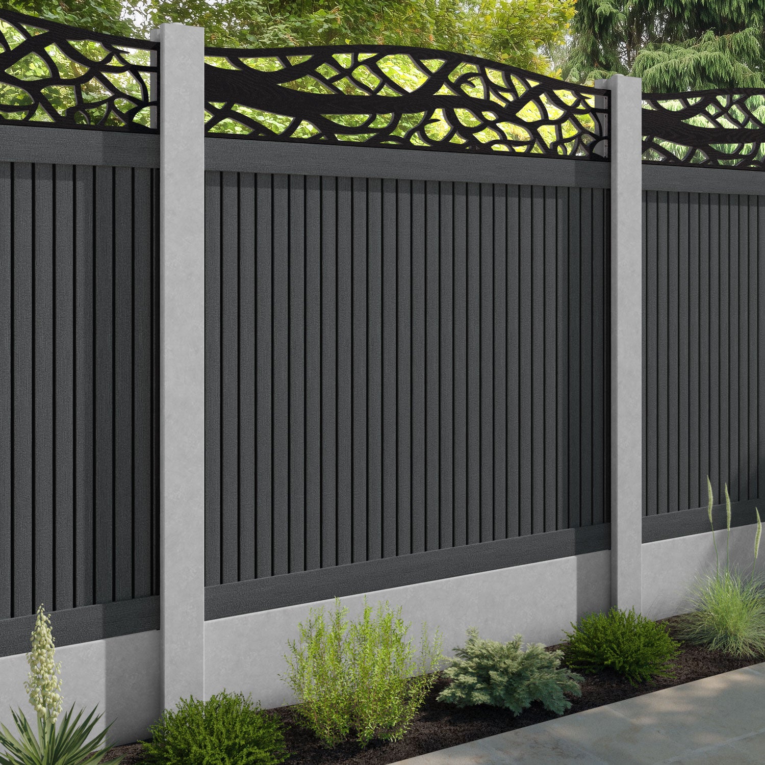 Virtis Twilight Curved Top Fence Panel - Dark Grey - for existing concrete posts