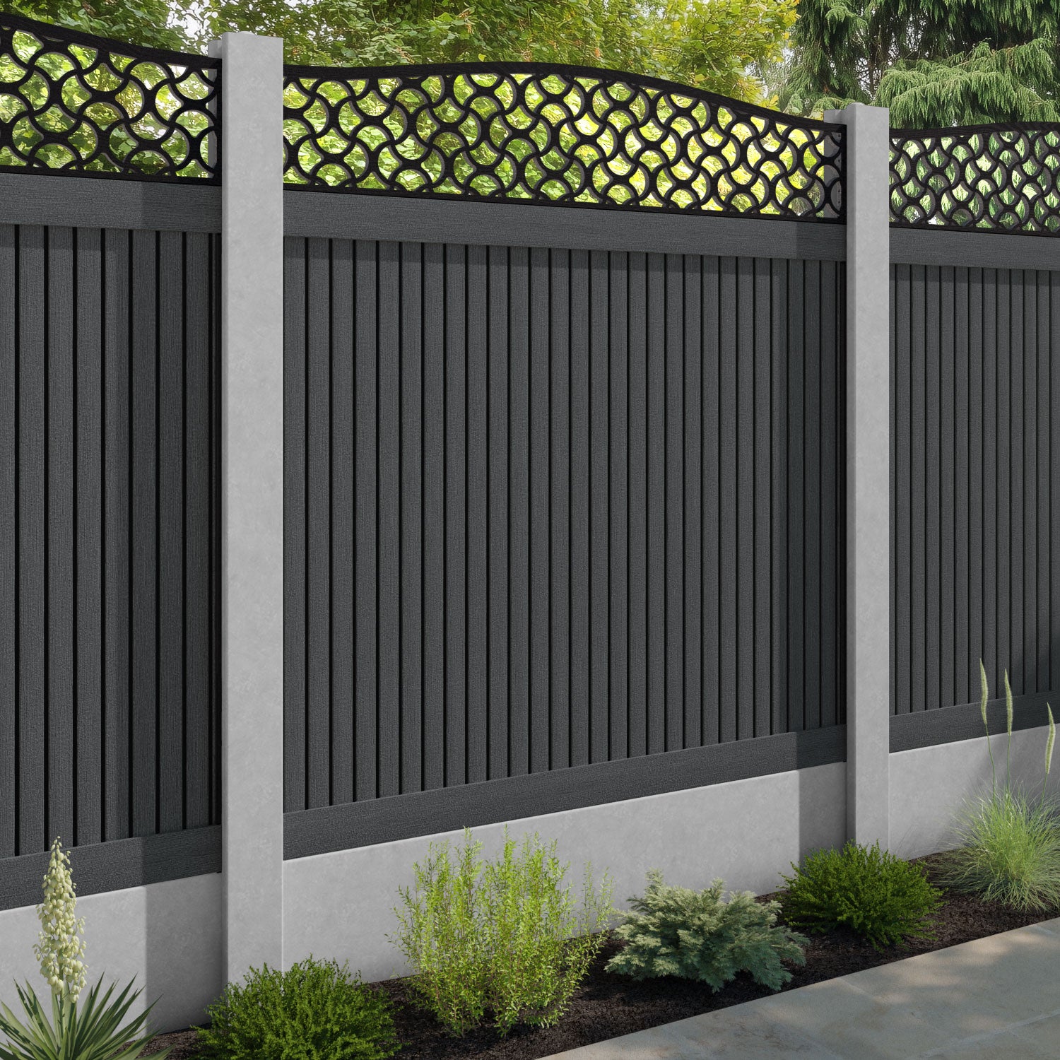 Virtis Vida Curved Top Fence Panel - Dark Grey - for existing concrete posts