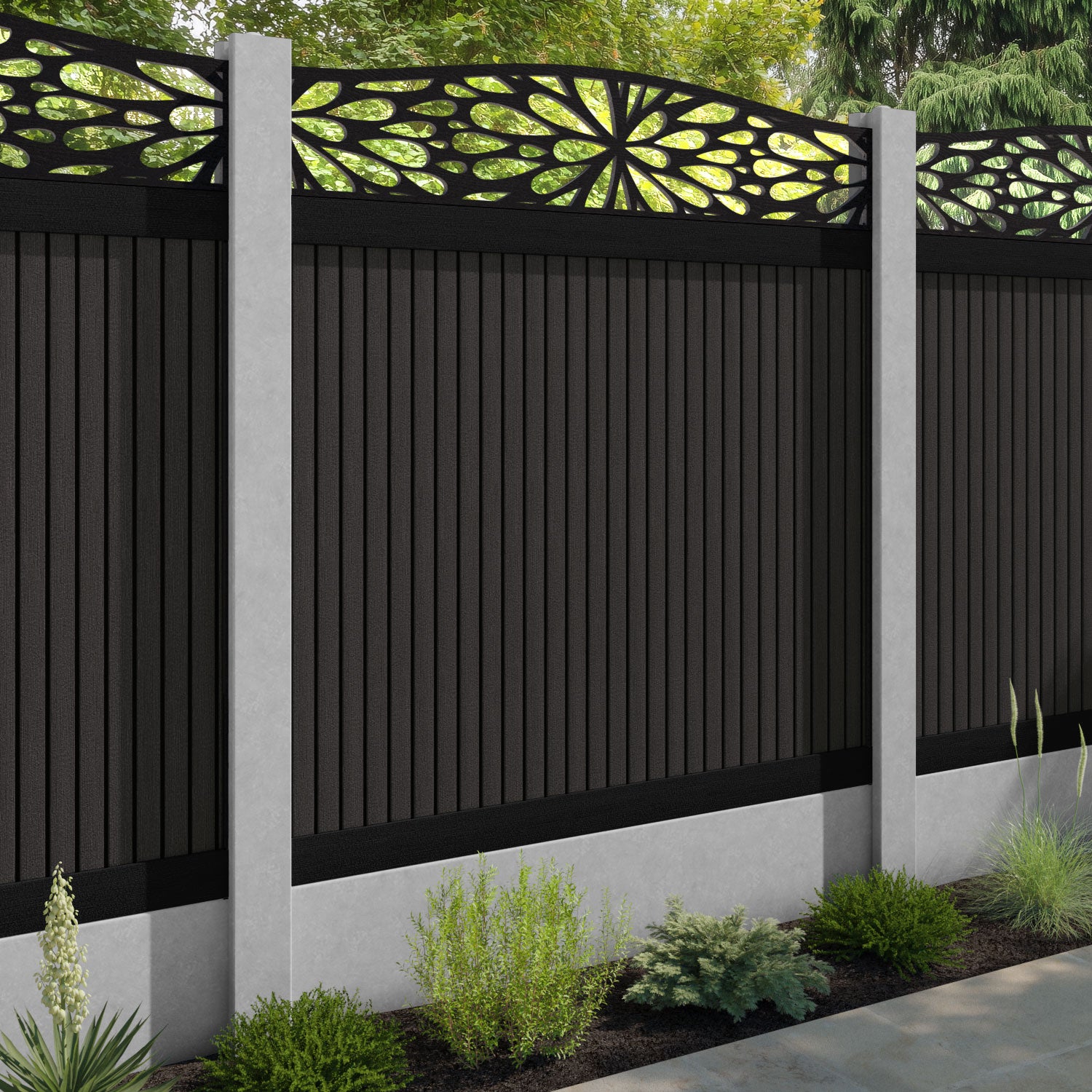 Virtis Blossom Curved Top Fence Panel - Dark Oak - for existing concrete posts
