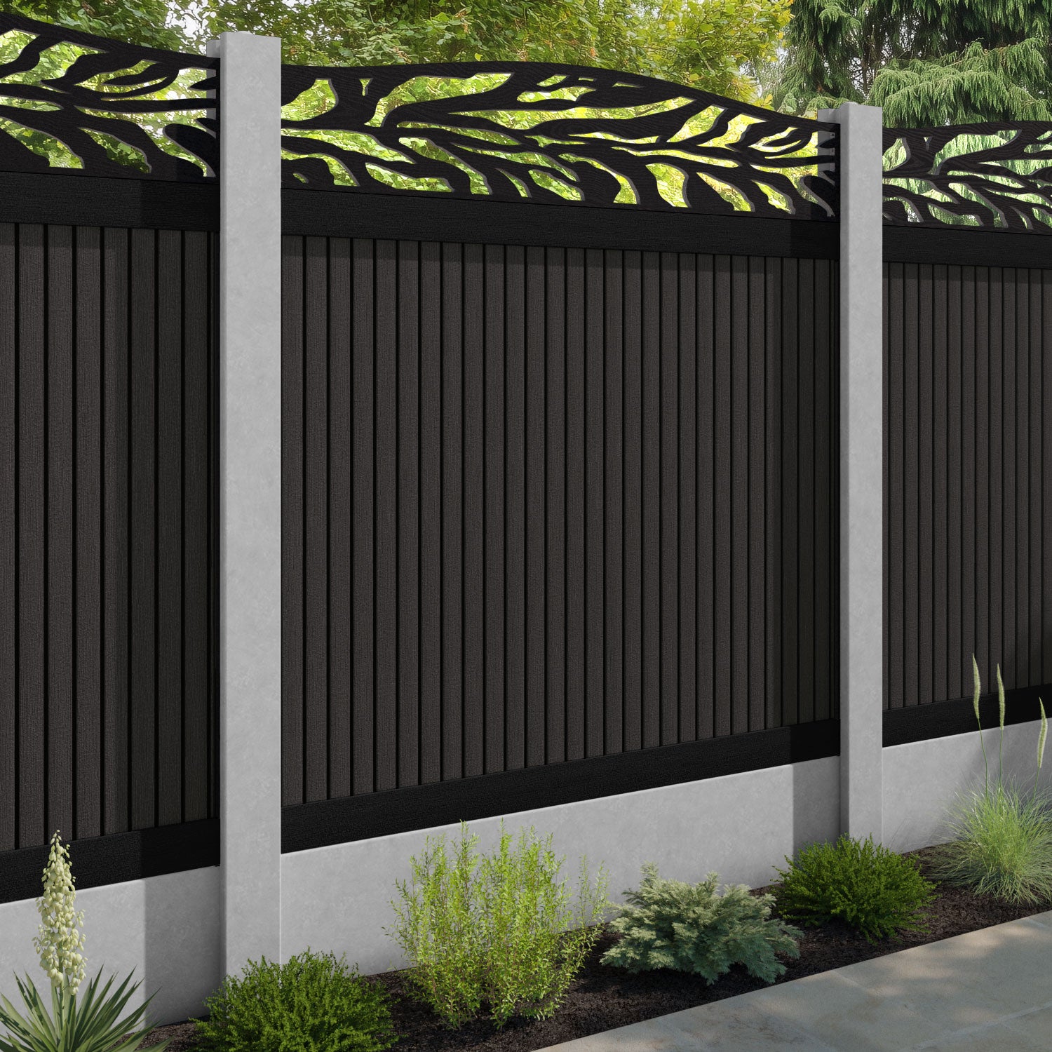 Virtis Malawi Curved Top Fence Panel - Dark Oak - for existing concrete posts