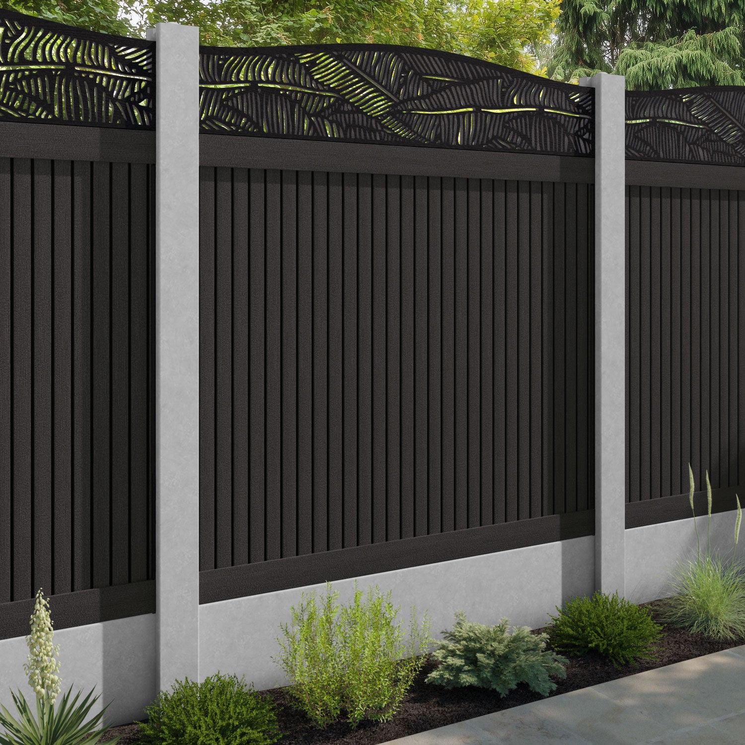 Virtis Feather Curved Top Fence Panel - Dark Oak - for existing concrete posts